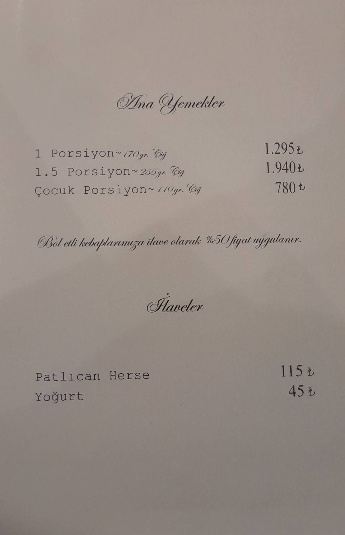 İSKENDER Kuruluş 1867 меню