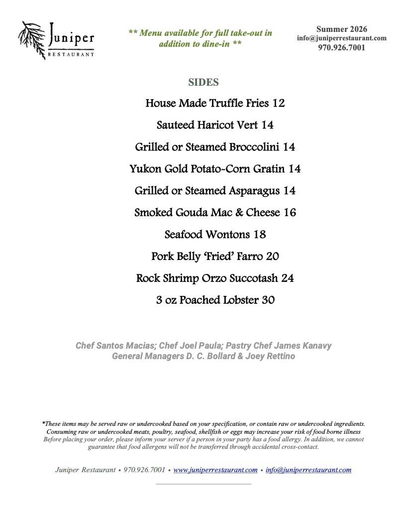 Juniper Restaurant Edwards CO меню