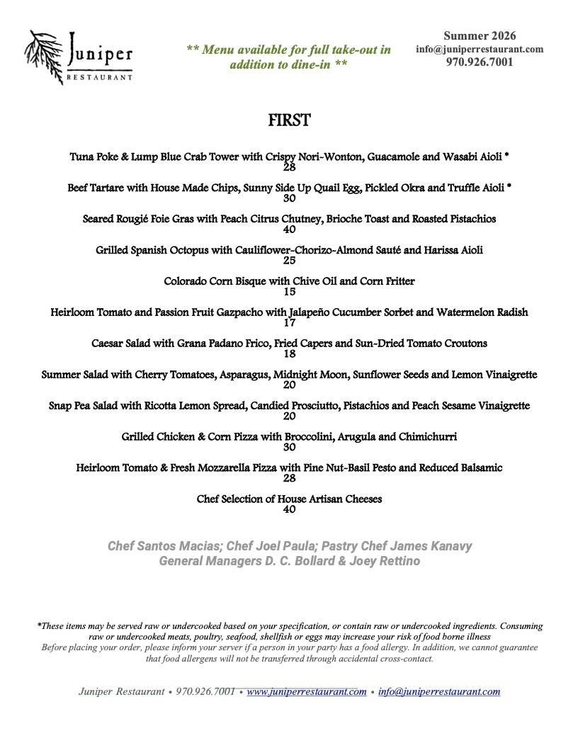 Juniper Restaurant Edwards CO меню