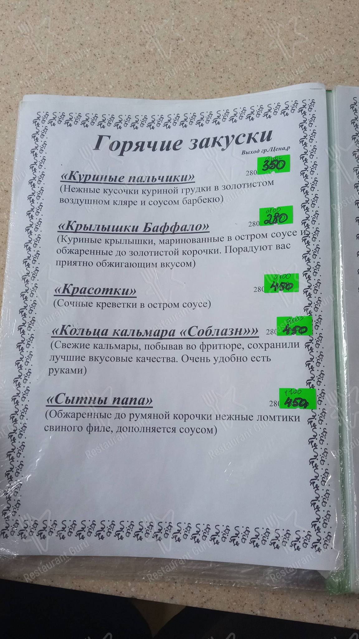 Меню кафе Кафе 