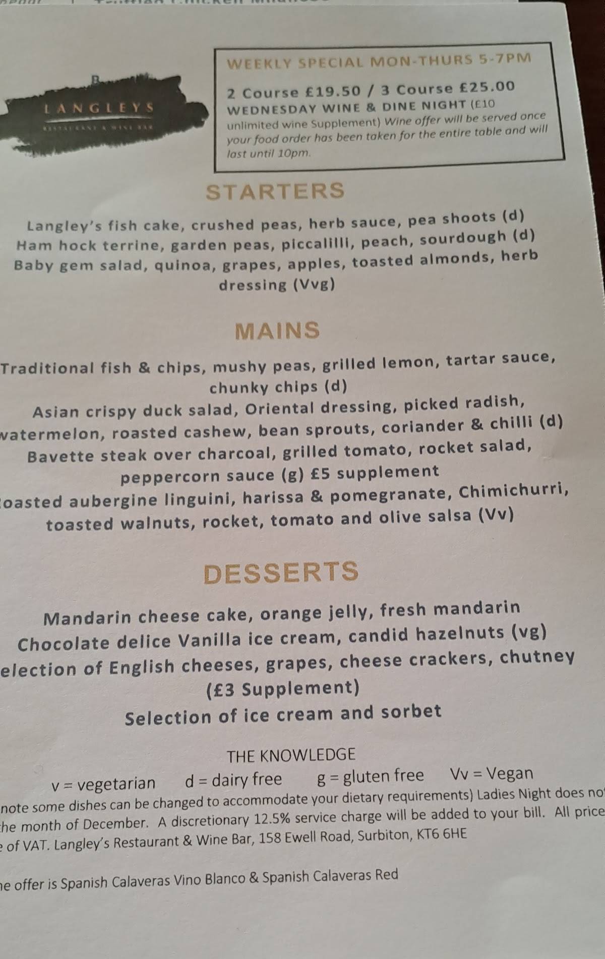 Langleys Restaurant & Wine Bar меню