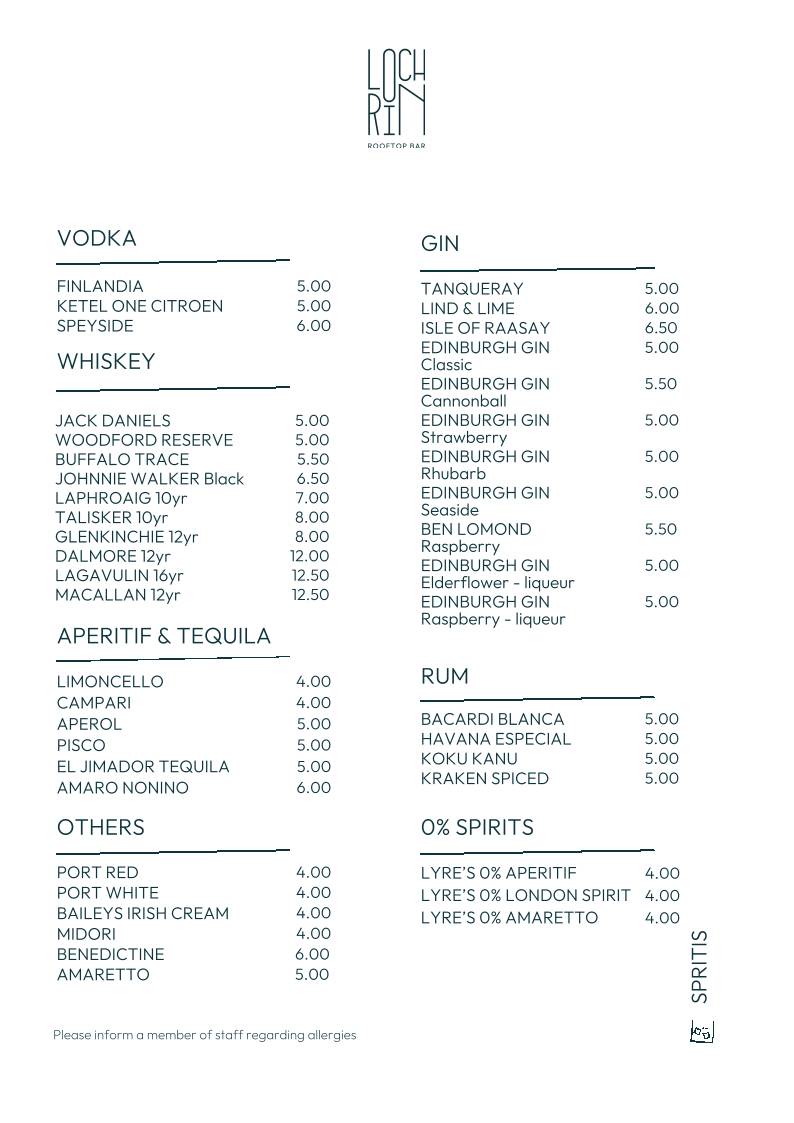 Lochrin Rooftop Bar меню