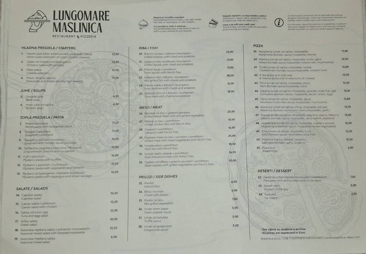 Lungomare Maslinica Restaurant & Pizzeria меню
