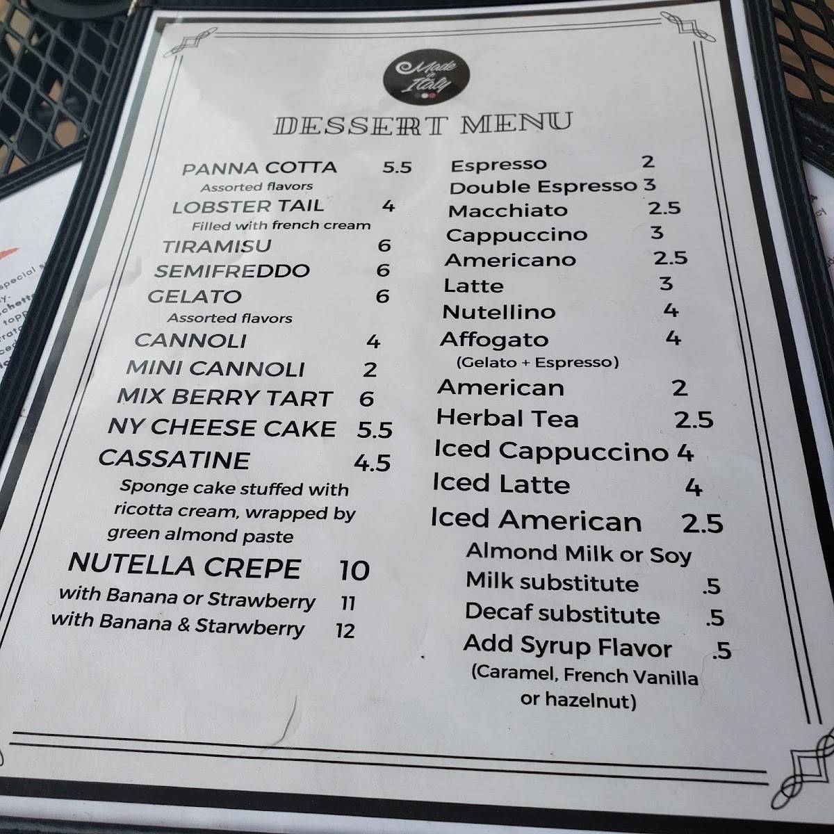 Made In Italy Ristorante меню