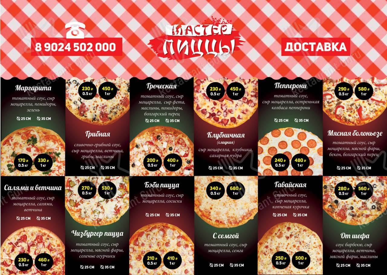 Меню для посетителей кафе Мастер роллов и пиццы