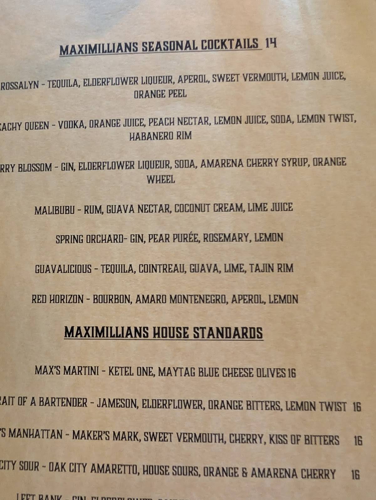 Maximillians Grill & Wine Bar меню