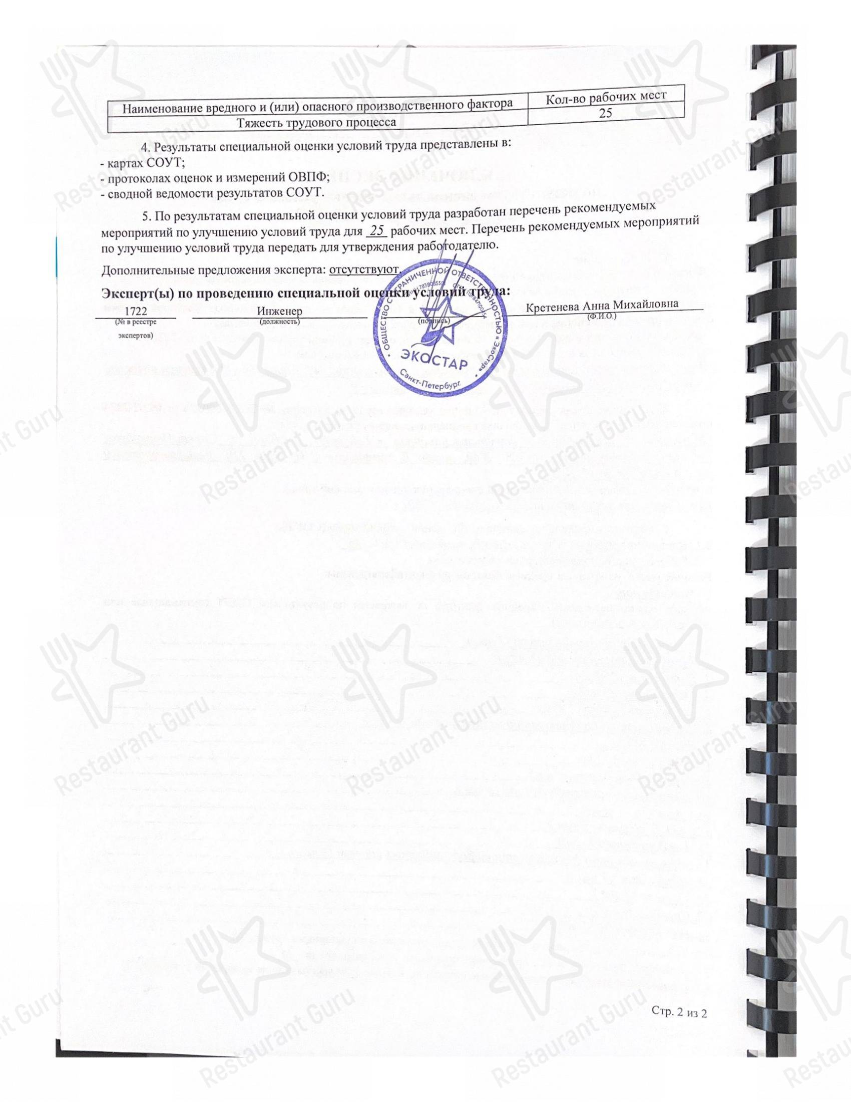Основное меню ресторана Метаморфозы