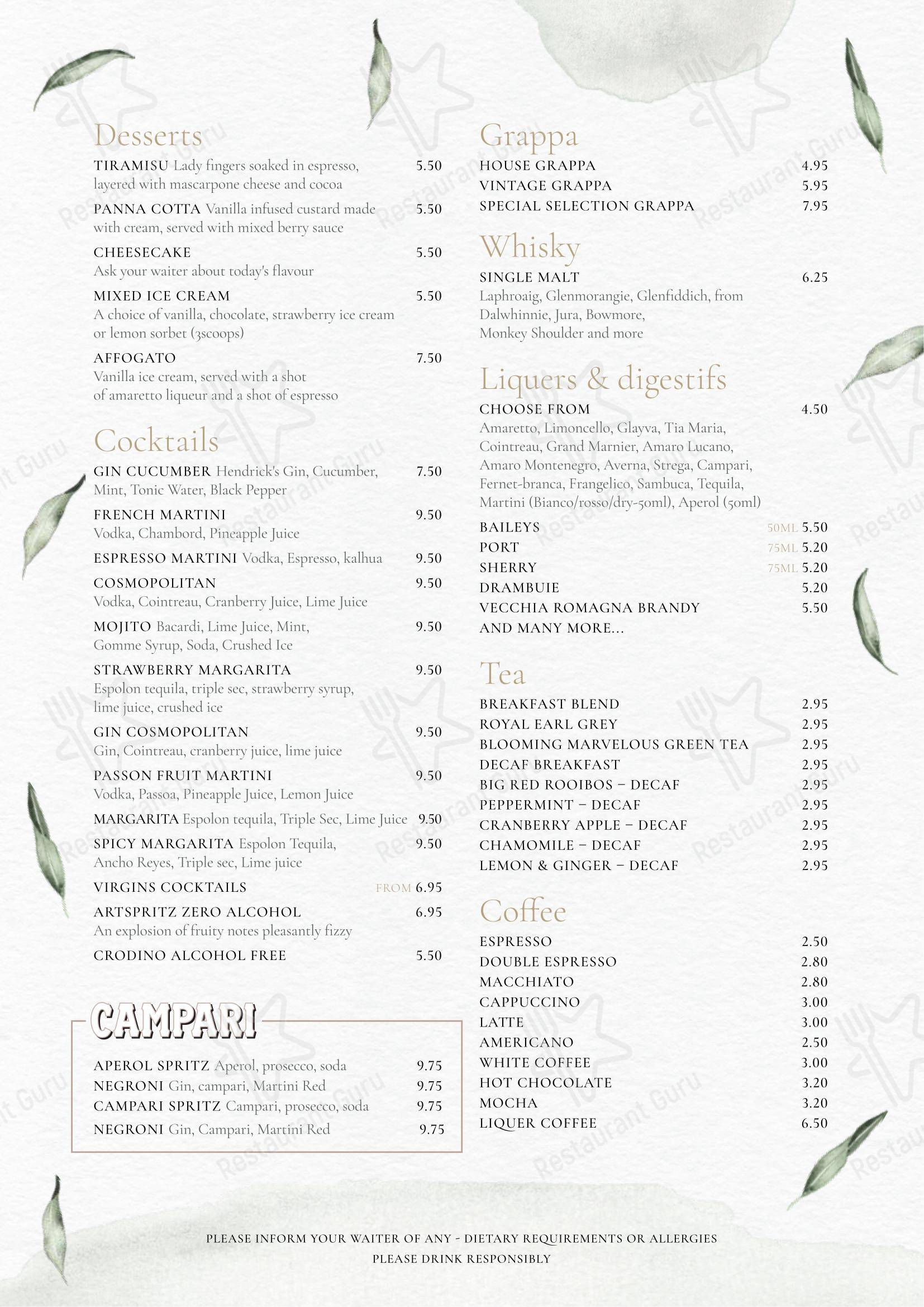 Ночное меню ресторана Mia Italian Kitchen Dalry в Эдинбурге