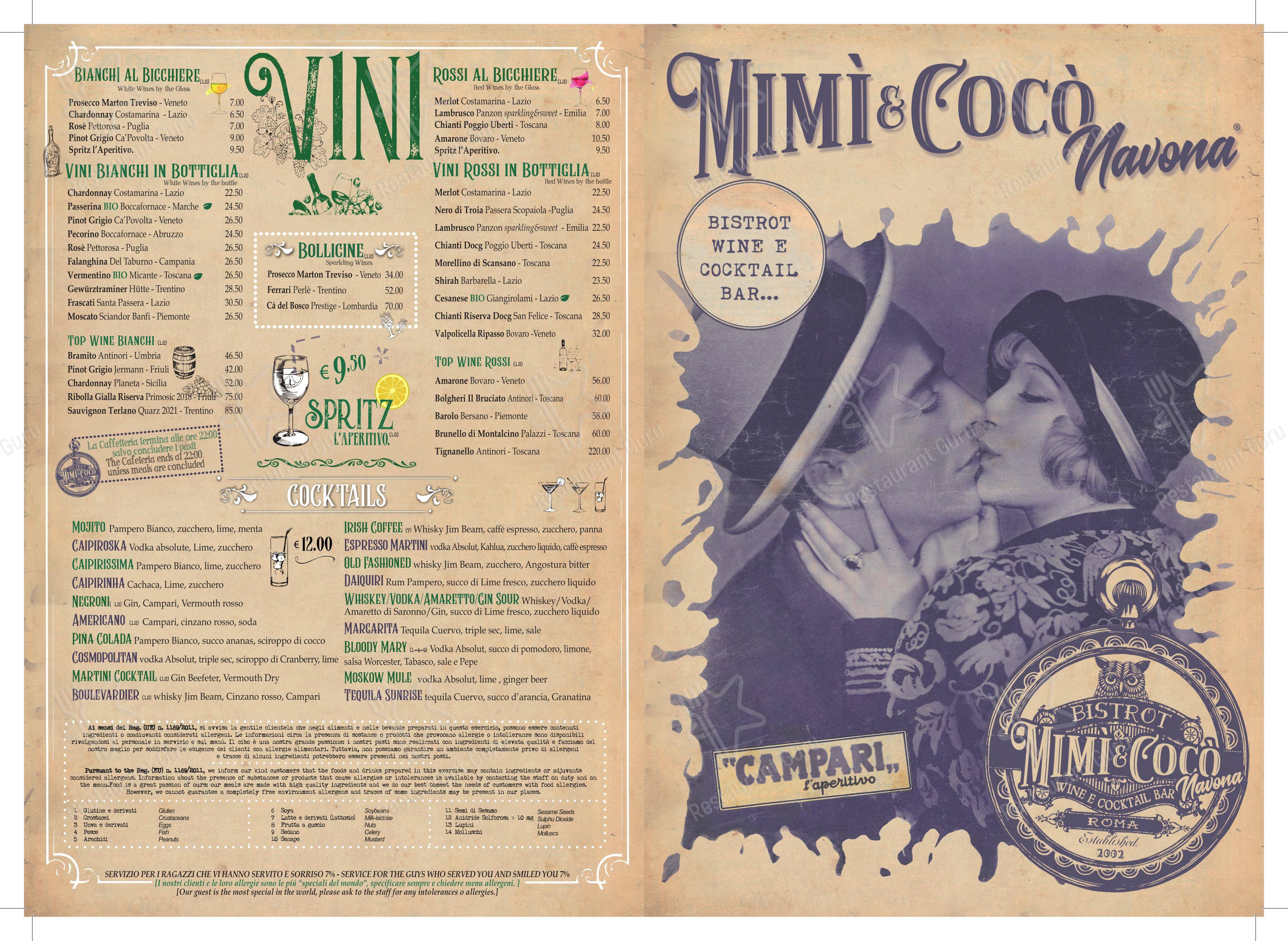 Меню паба и бара Mimì e Cocò
