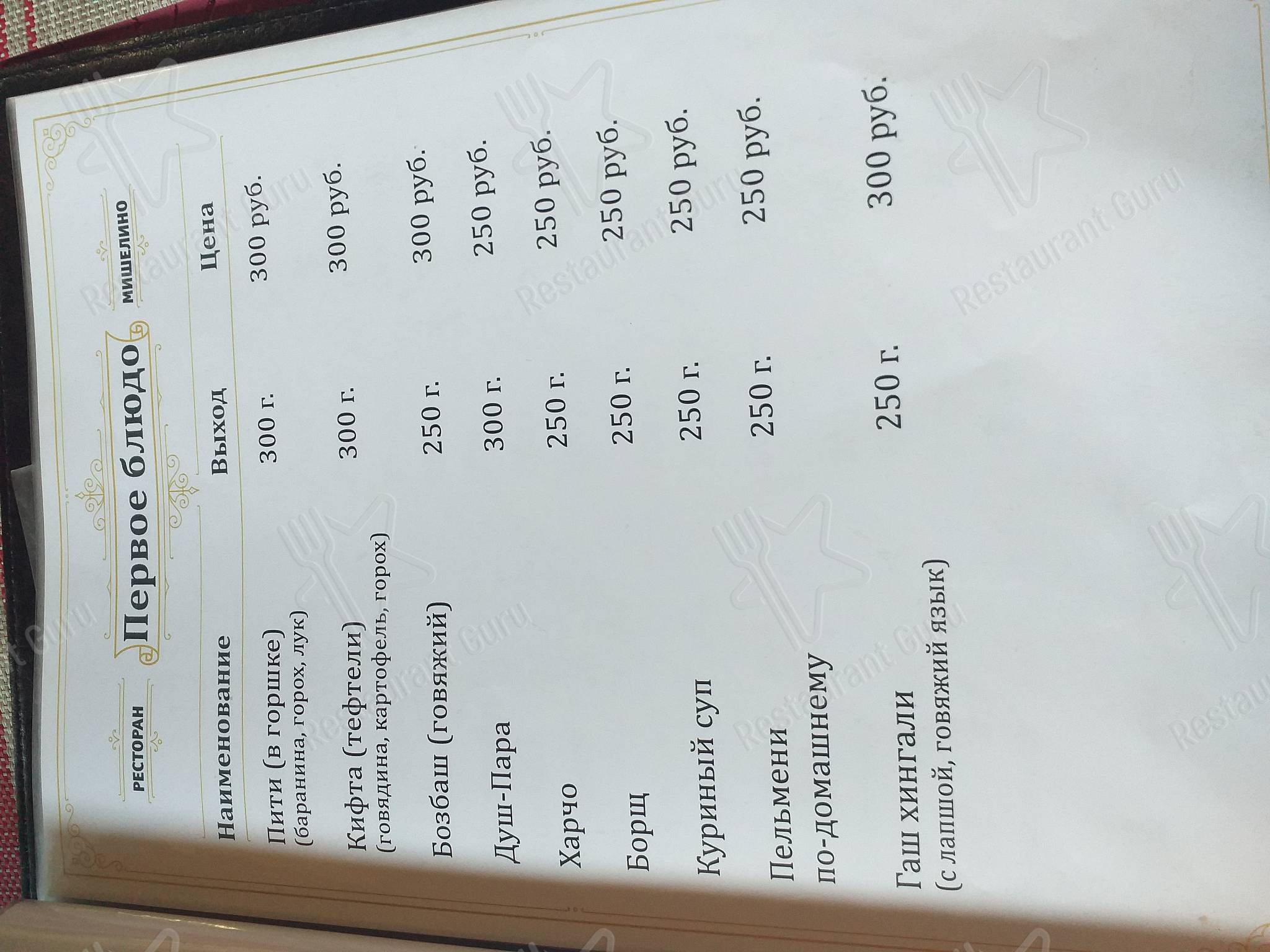 Меню ресторана Мишелино