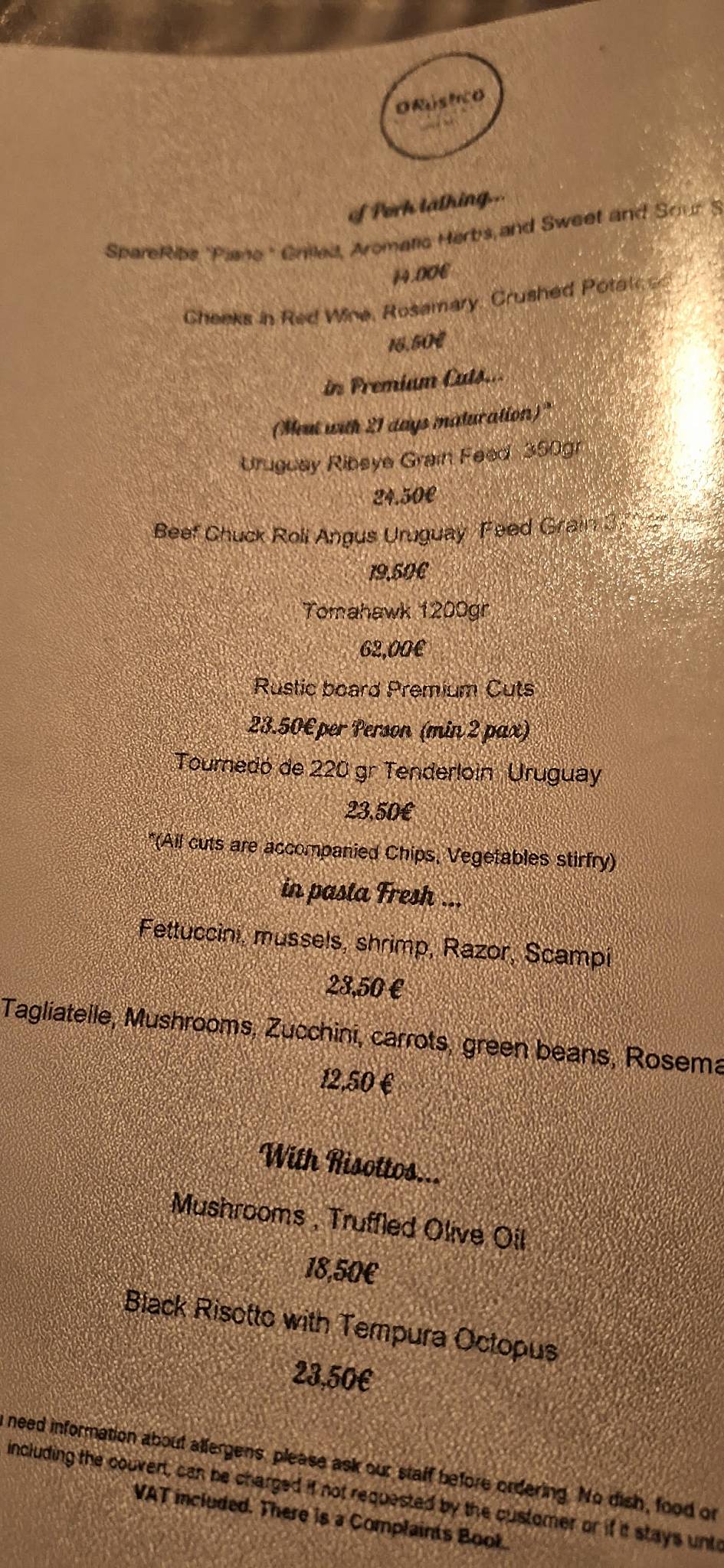 "The Rustic" Restaurant меню