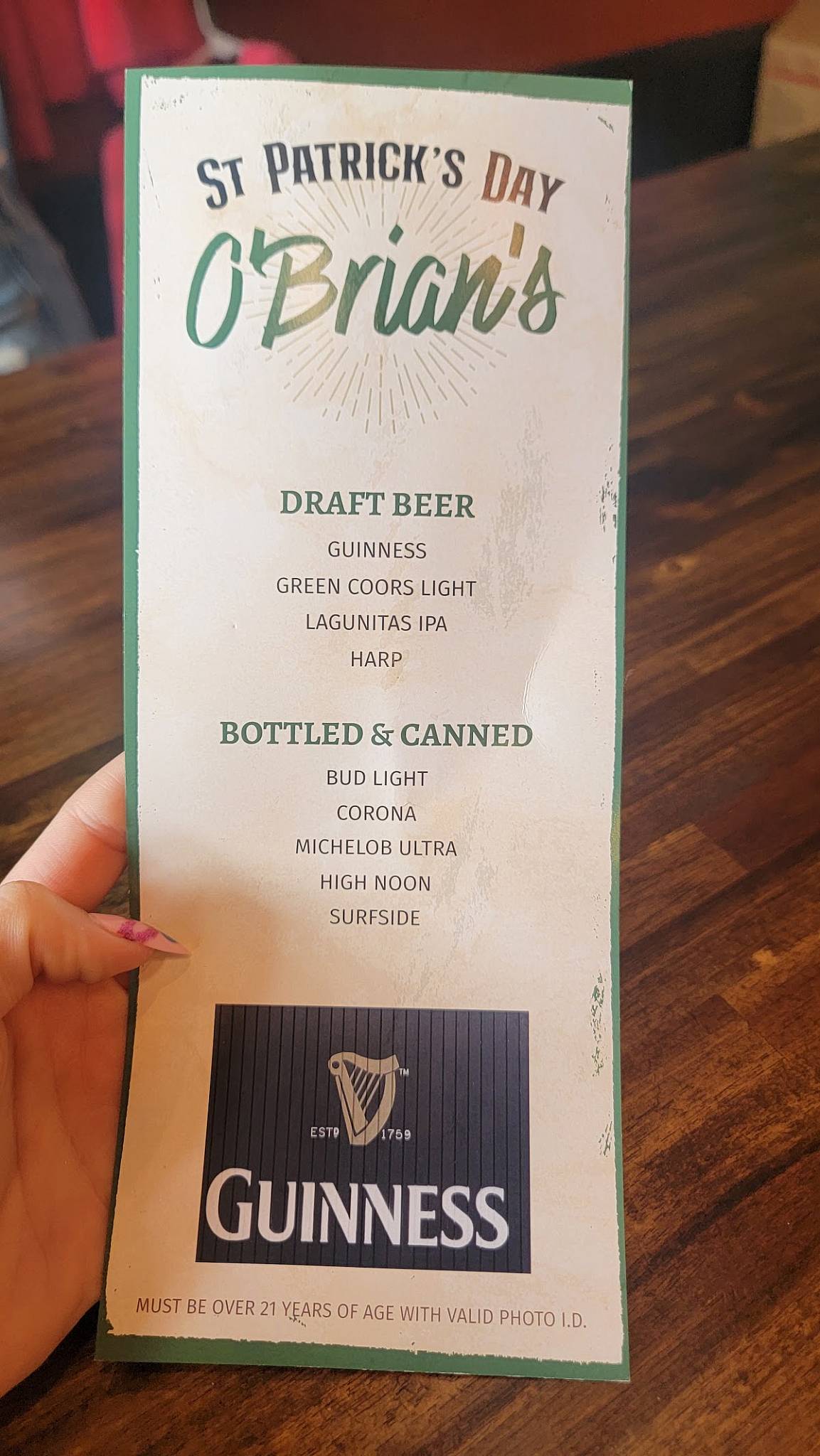 O'Brian's Irish Pub меню