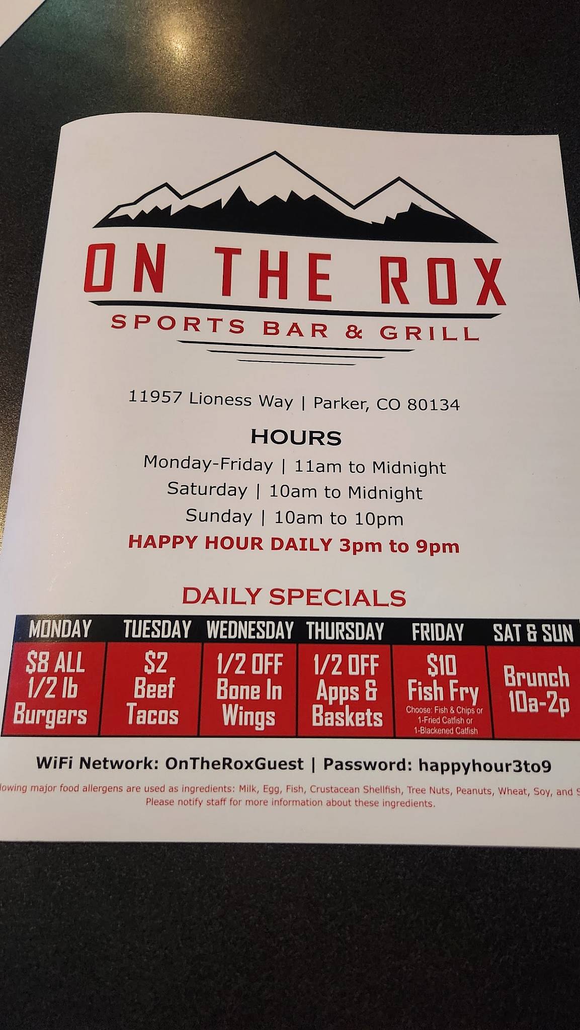 On the Rox Sports Bar & Grill меню
