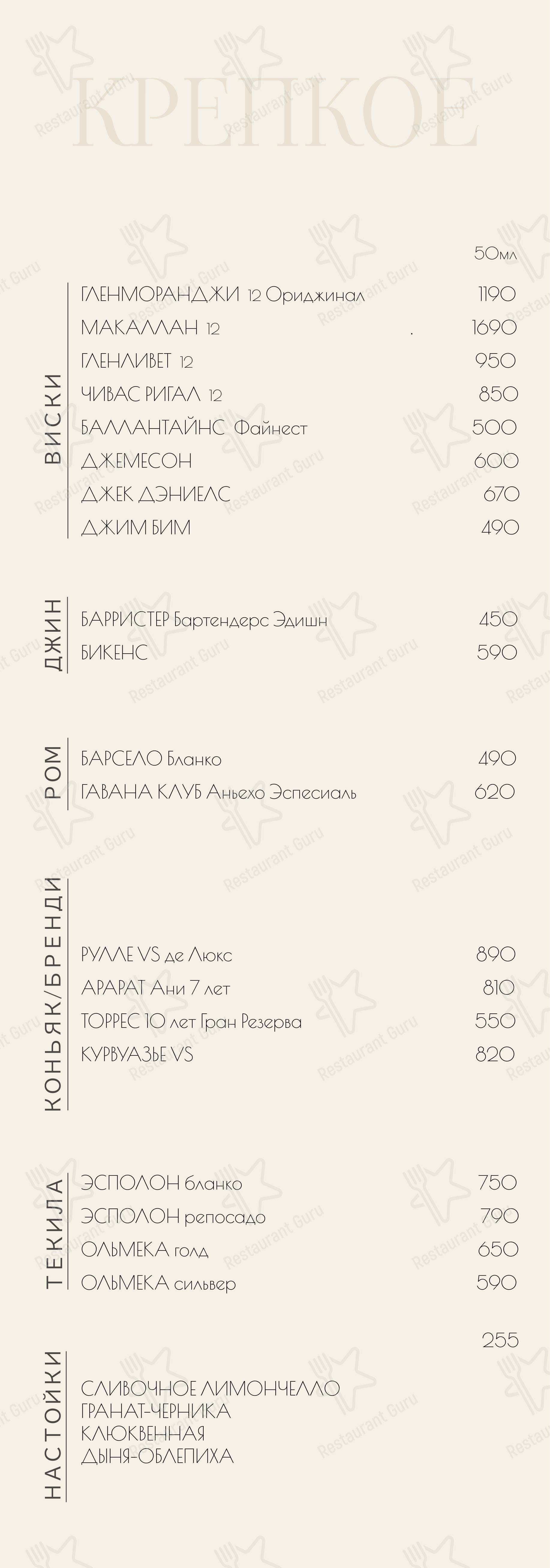 Меню паба и бара Параллели - Меню напитков