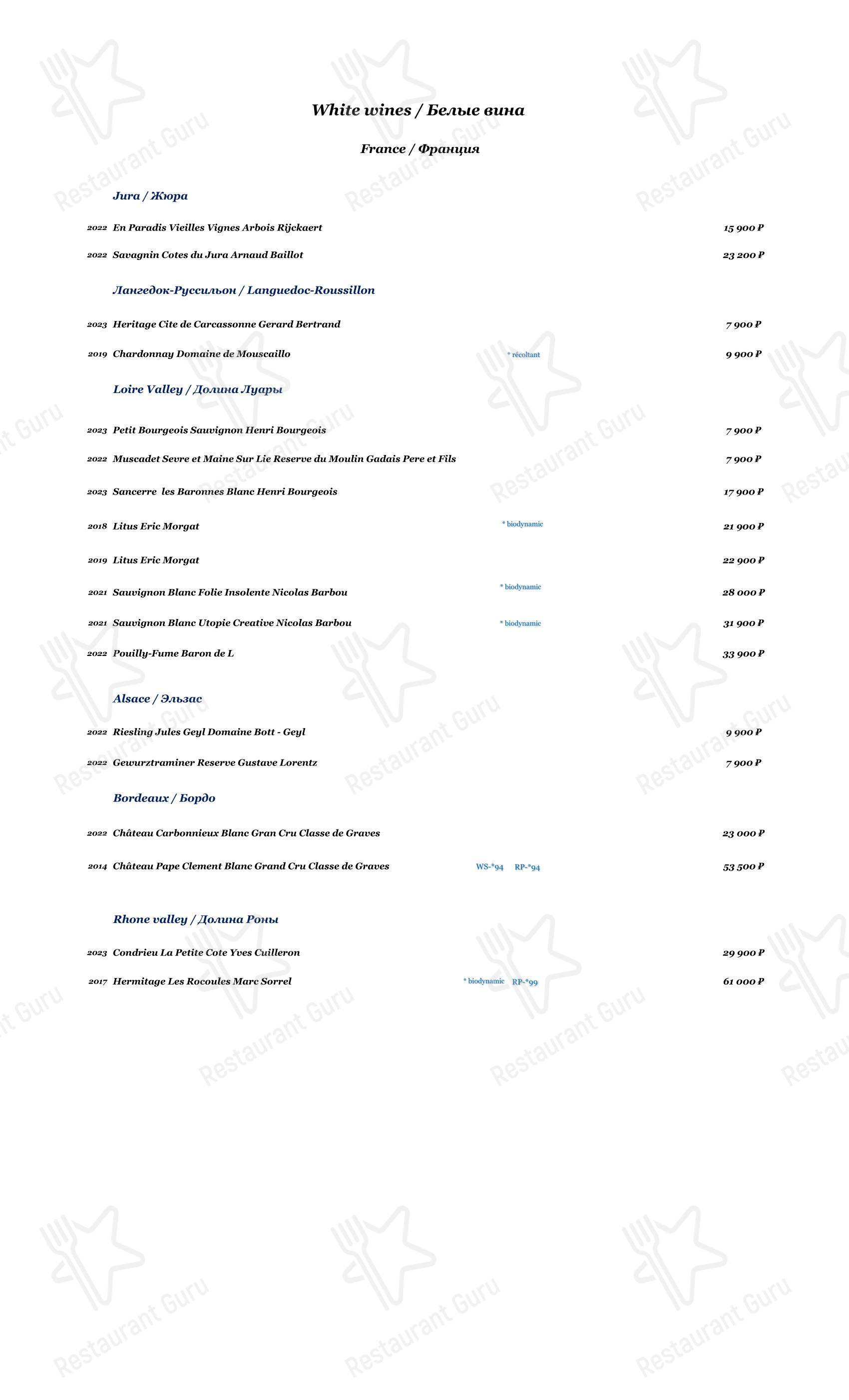 Меню ресторана Паризьен - Dinner Menu