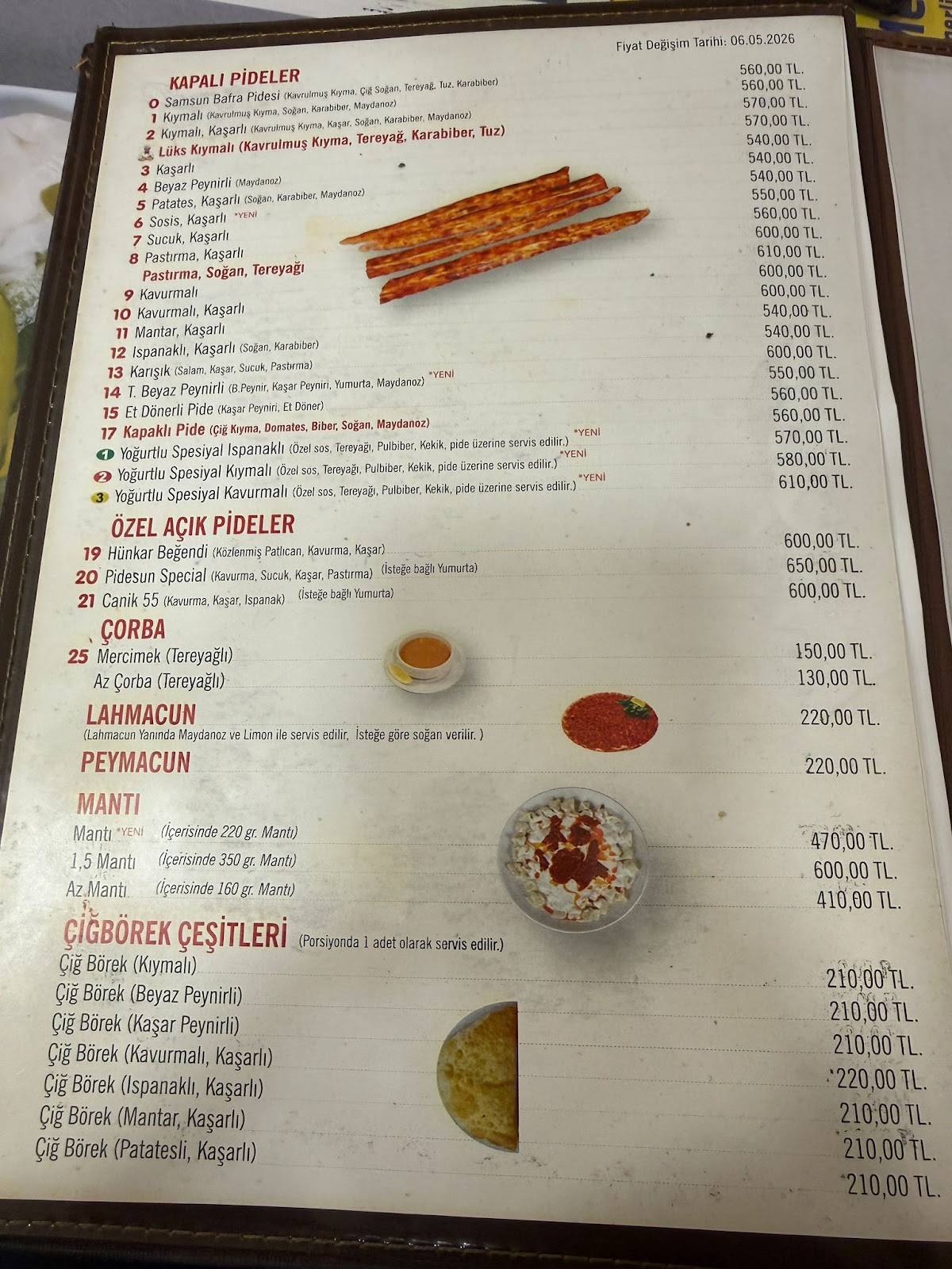 Pide Sun Moda Bafra Pidesi Döner Mantı Kahvaltı меню