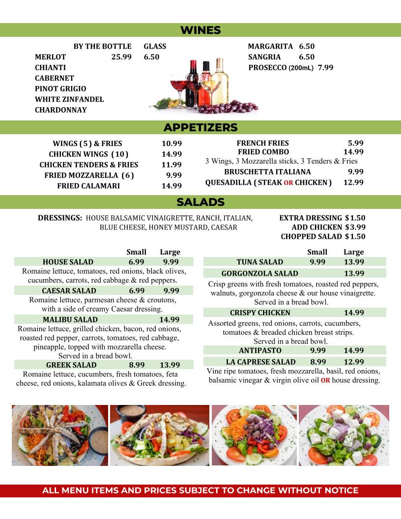 Pizzarella Italian Restaurant меню