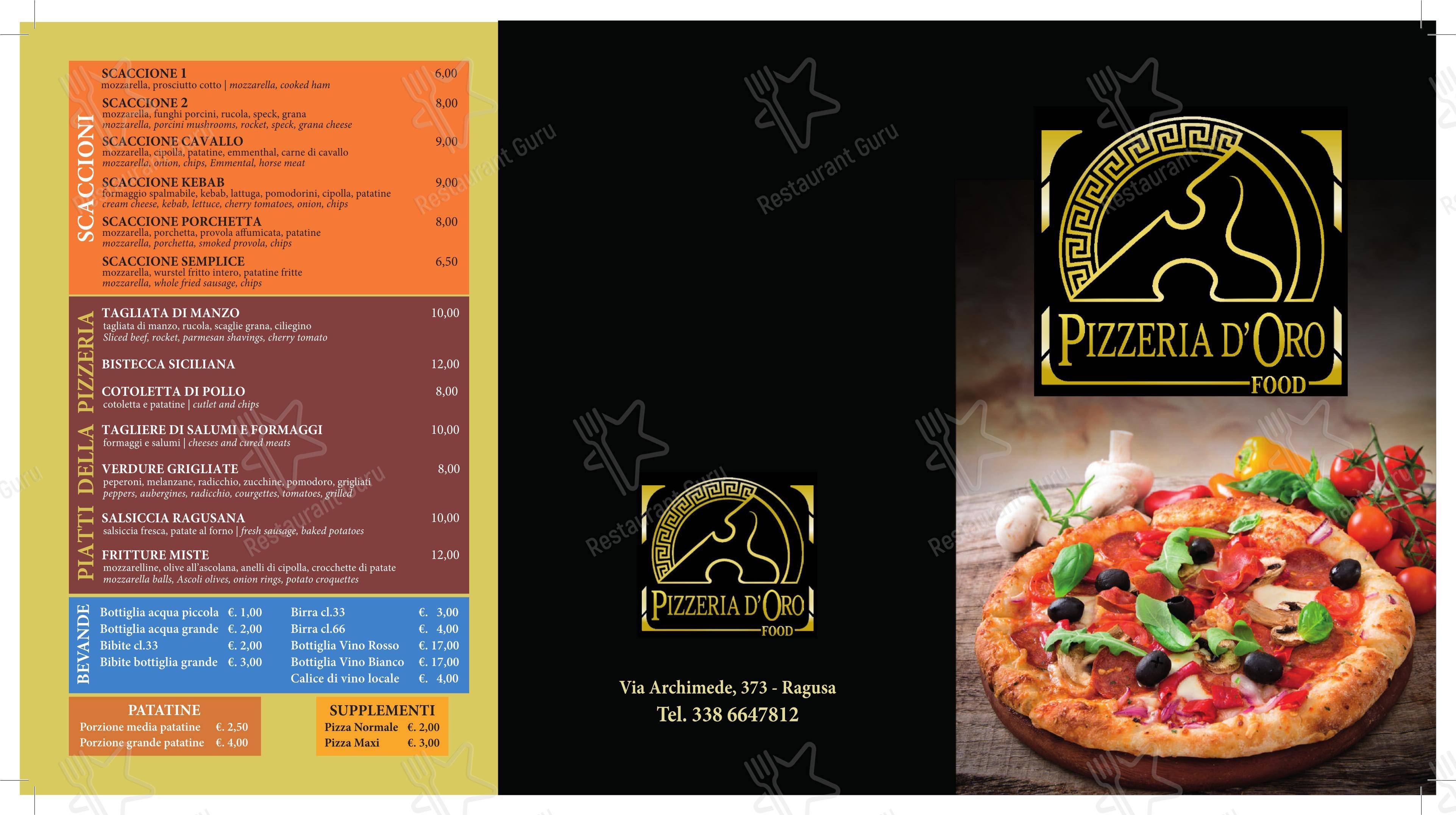 Меню ресторана Pizzeria D’Oro Ragusa Pizza Gourmet Scaccioni Ragusani Griglieria Aperitivi