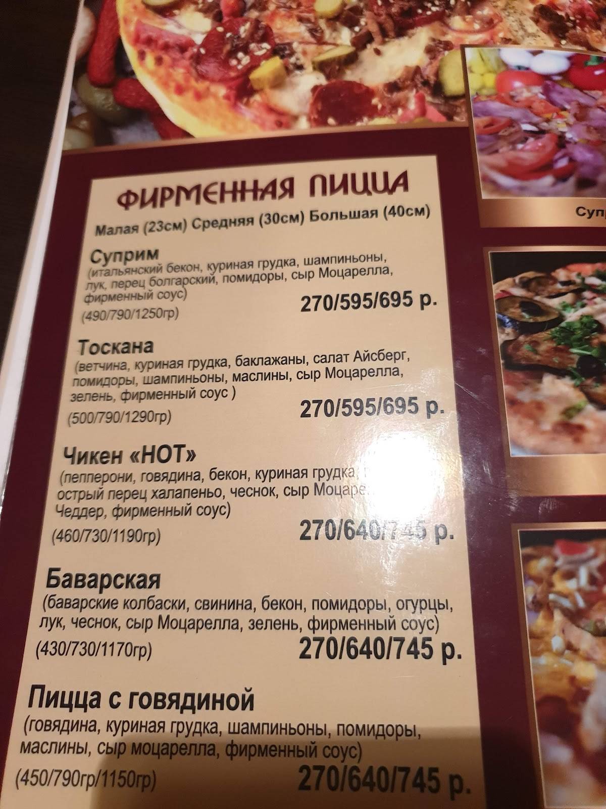 Пиццетория меню