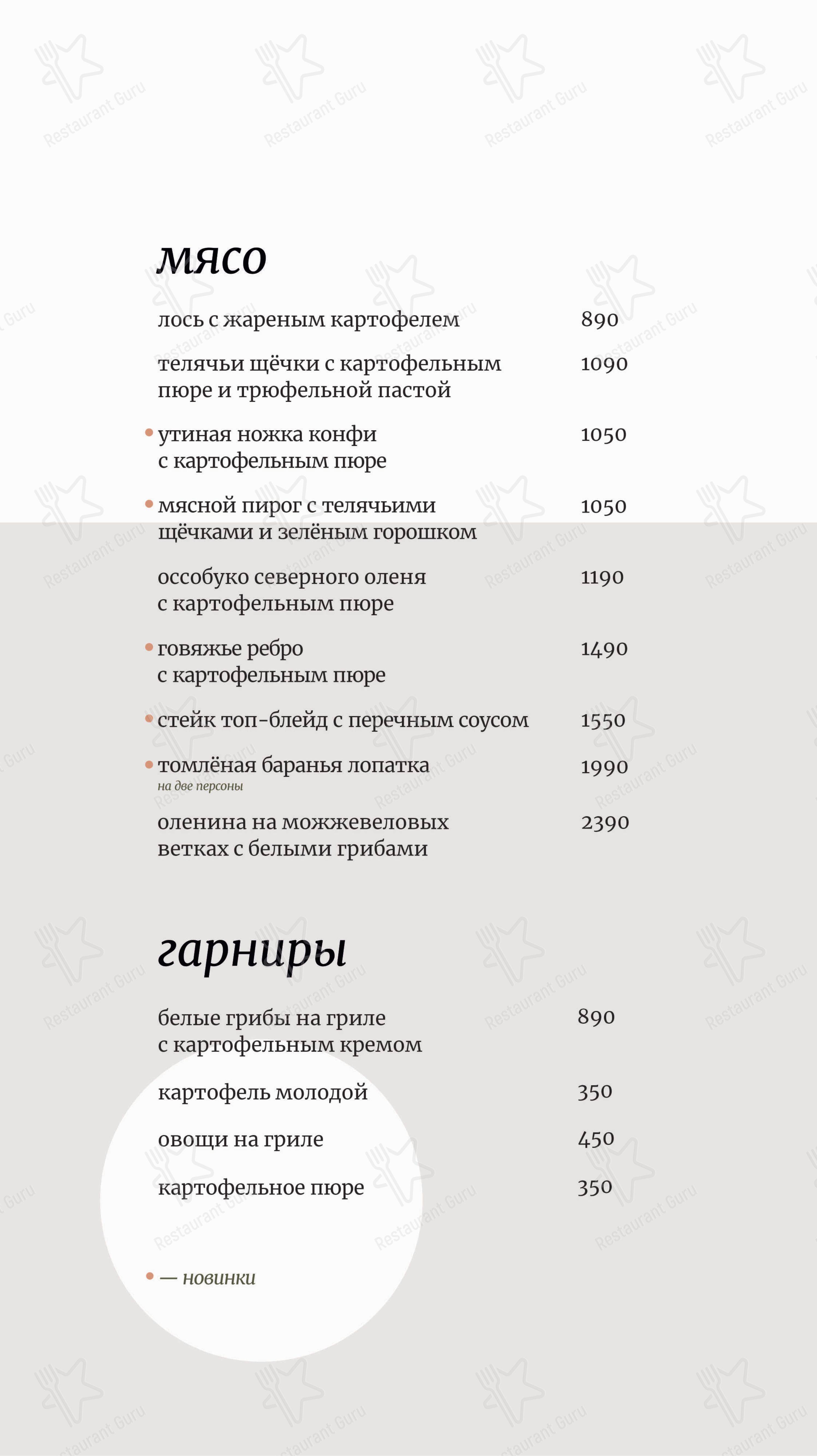 Основное меню ресторана Почтовая Контора 1786