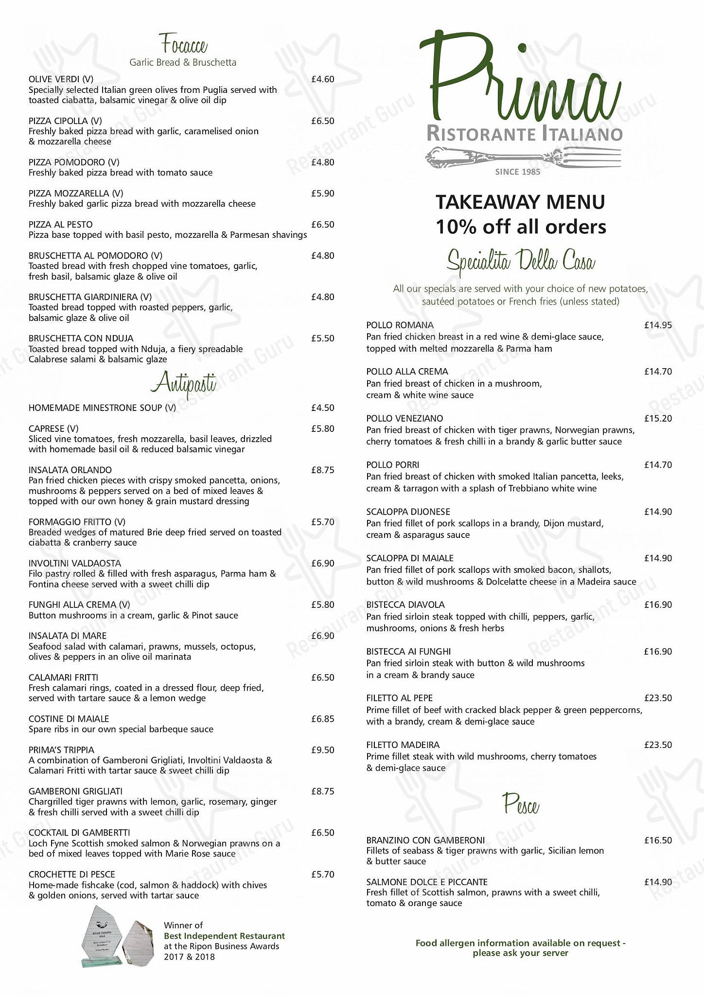 Pizza Menu ресторана Prima Pizzeria