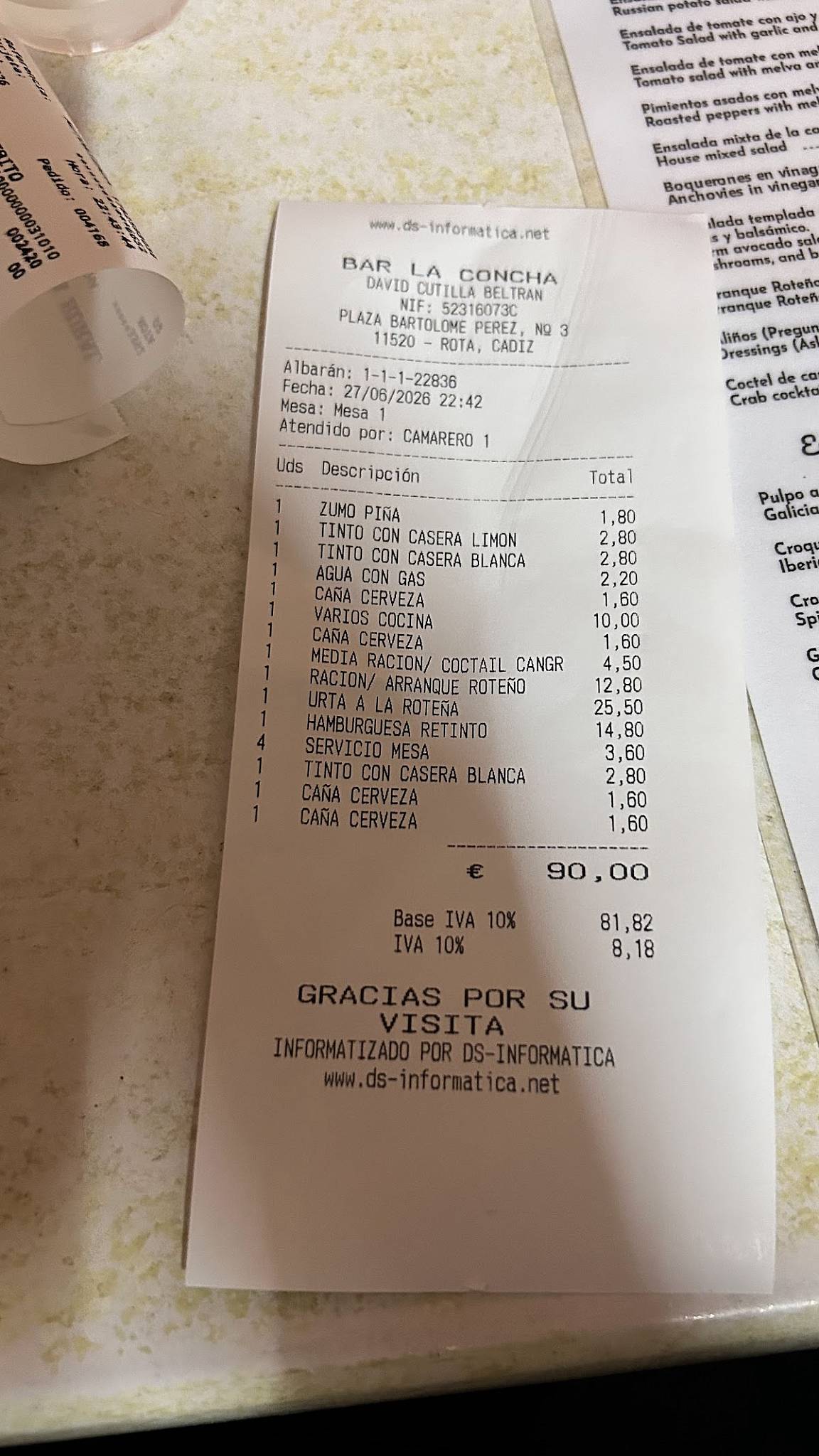 Bar La Concha меню