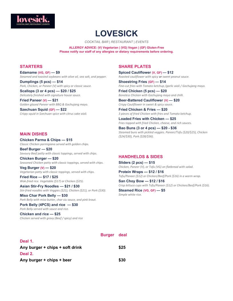 Lovesick Bar меню