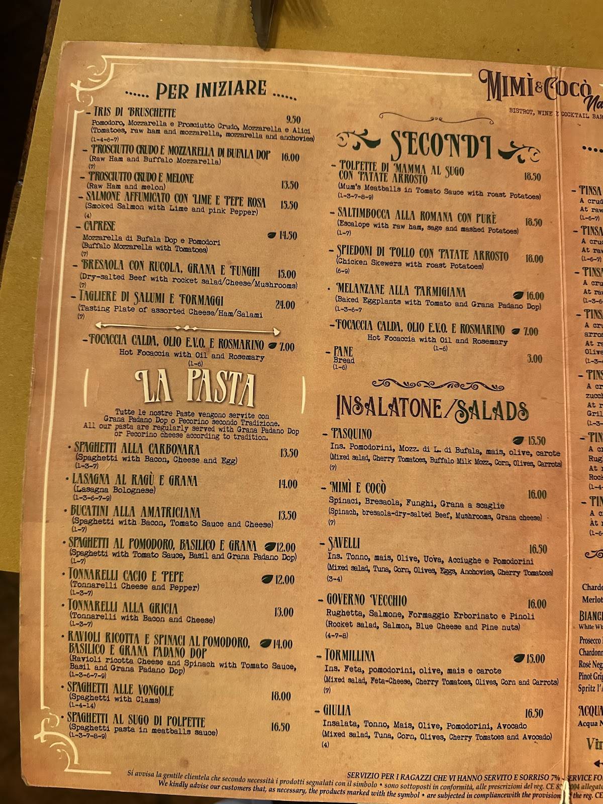 Mimì e Cocò меню