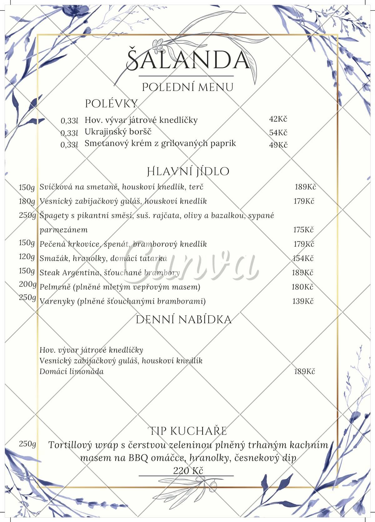 Restaurace Šalanda Krušovice меню