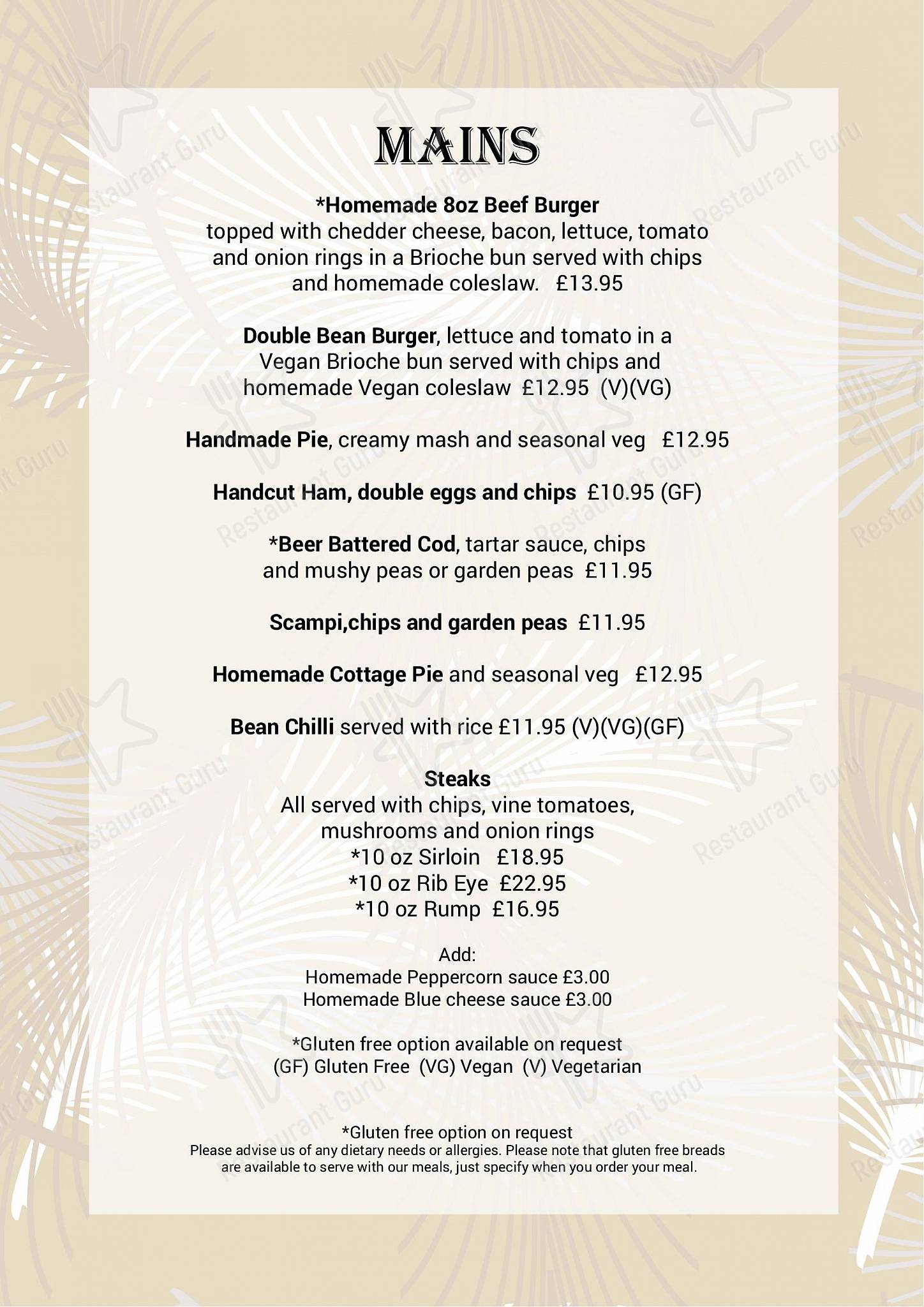 Main menu паба и бара The Swan Inn