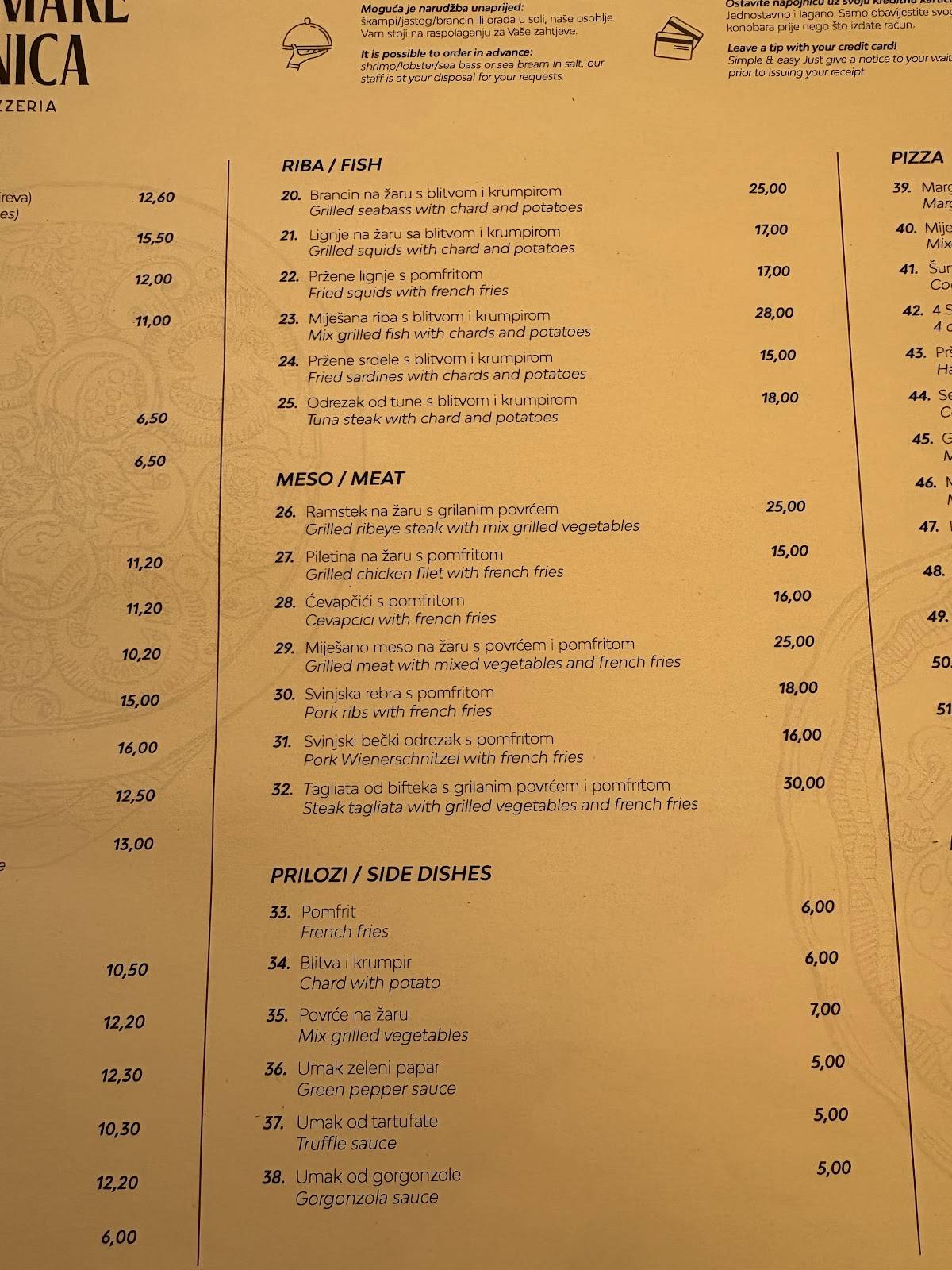 Lungomare Maslinica Restaurant & Pizzeria меню