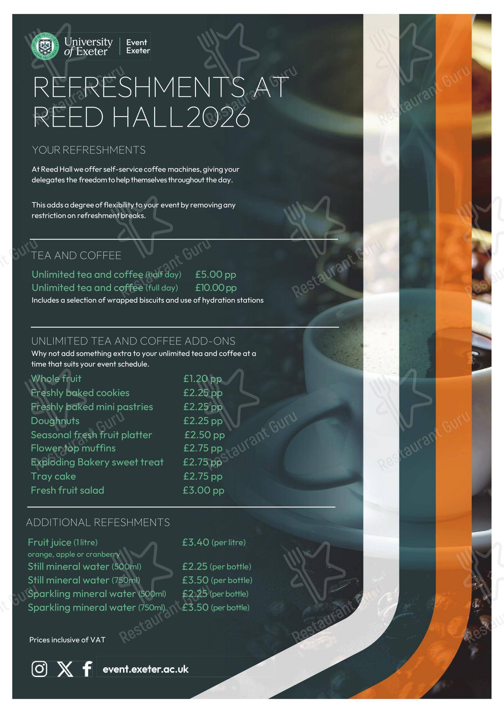 Reed Hall в Эксетере - Table Menu