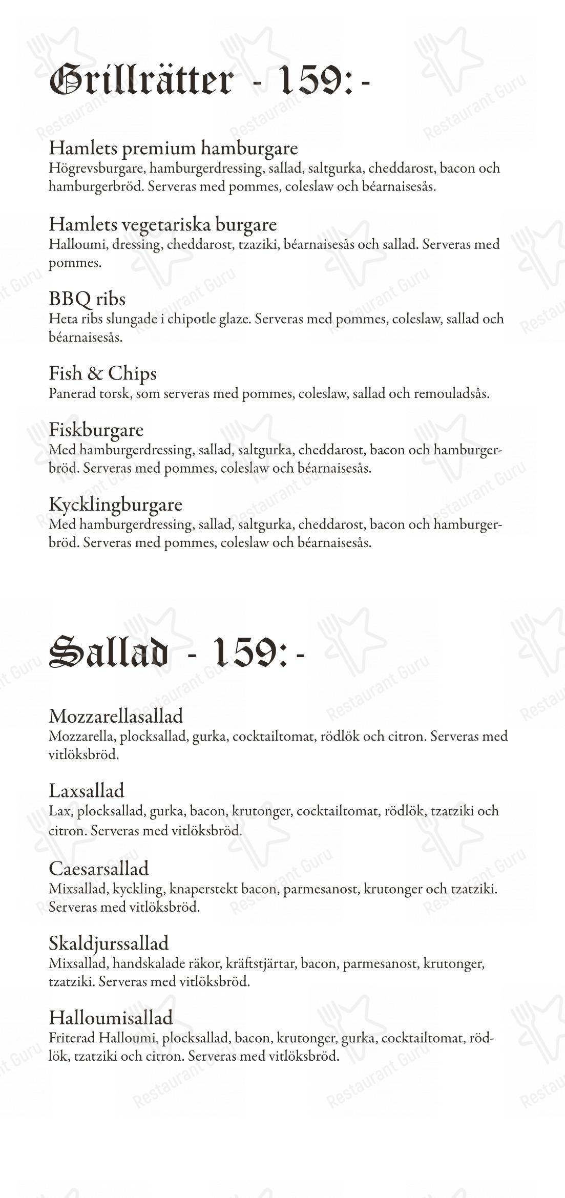 菜单 ресторана Restaurang Hamlet