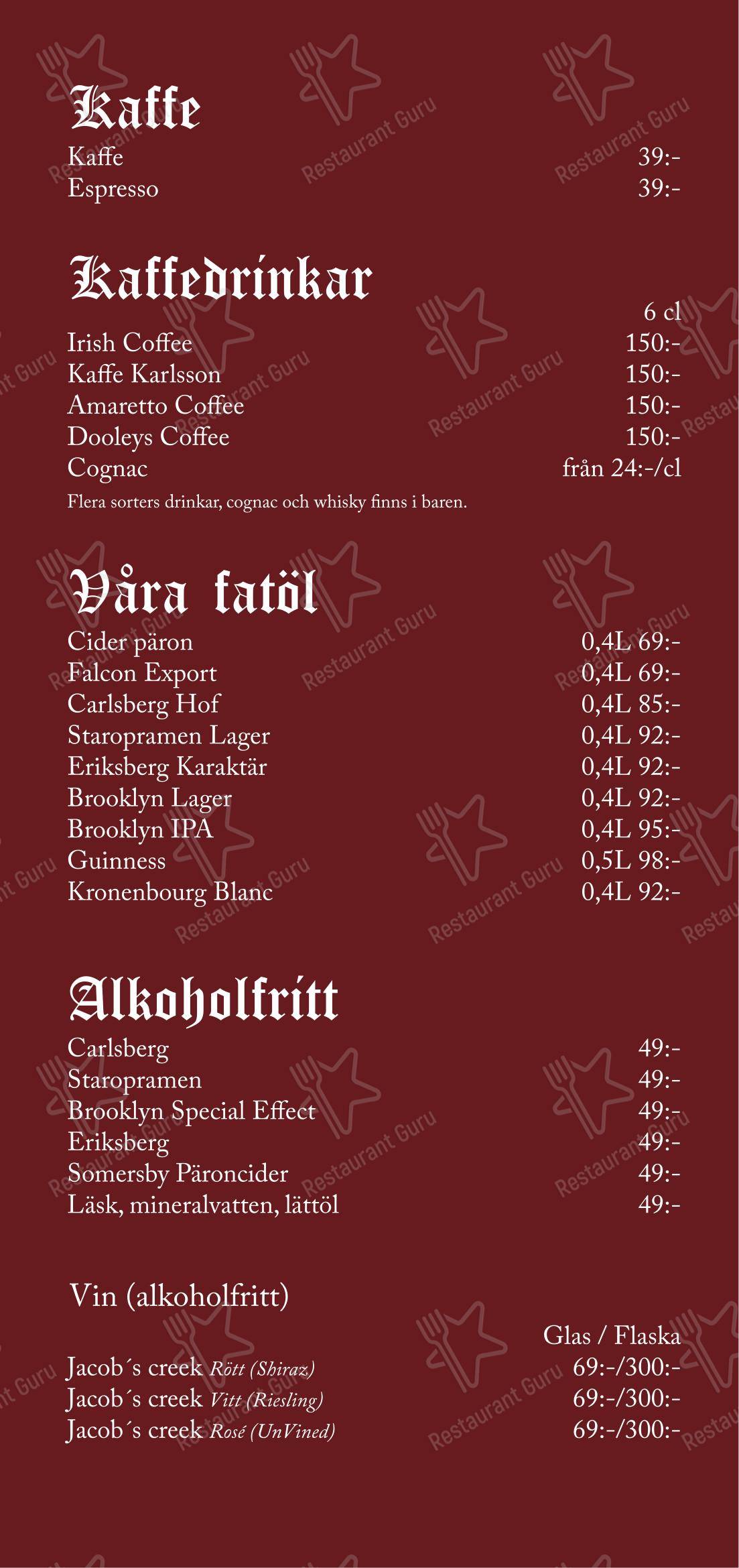 Меню ресторана Restaurang Hamlet - Меню напитков