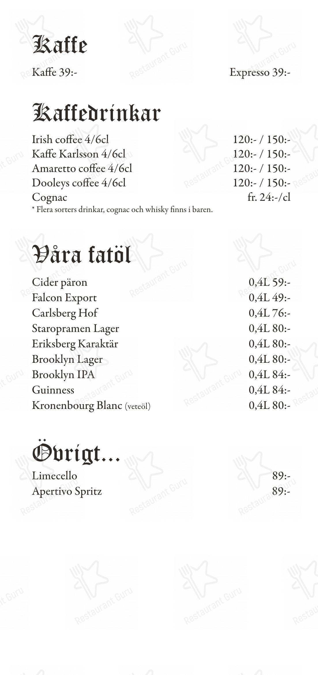 Restaurang Hamlet в Линчёпинге - 菜单