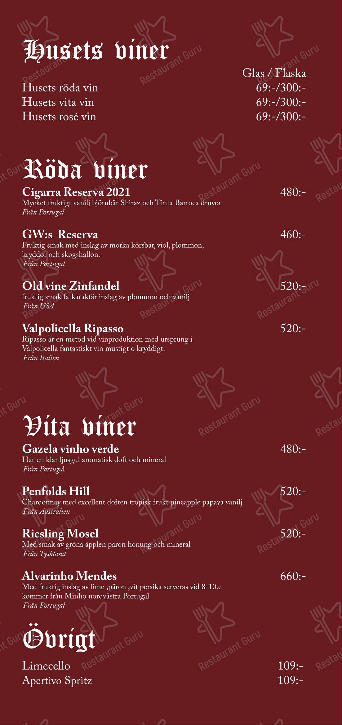 Меню напитков ресторана Restaurang Hamlet в Линчёпинге