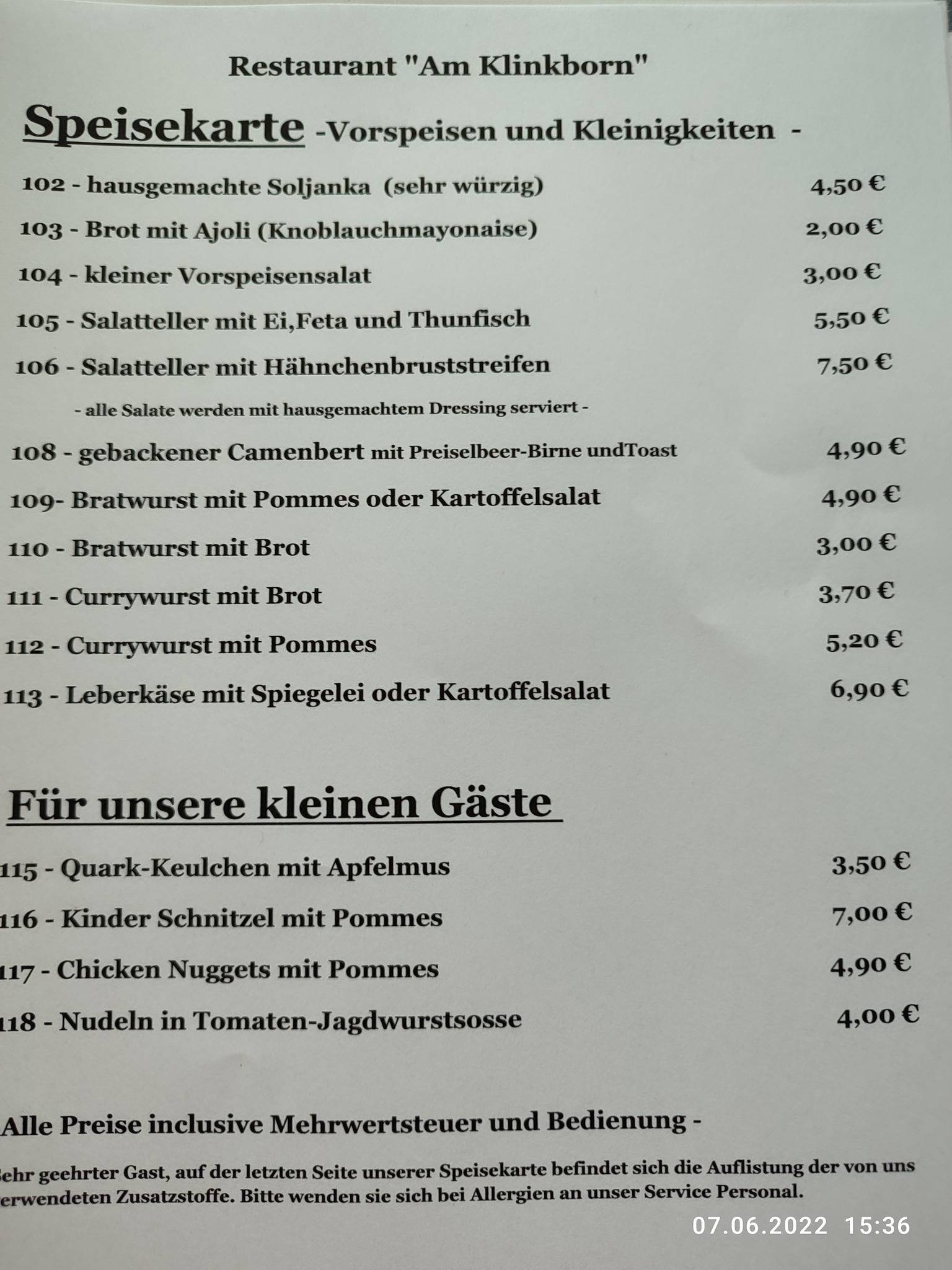 Restaurant Am Klinkborn меню