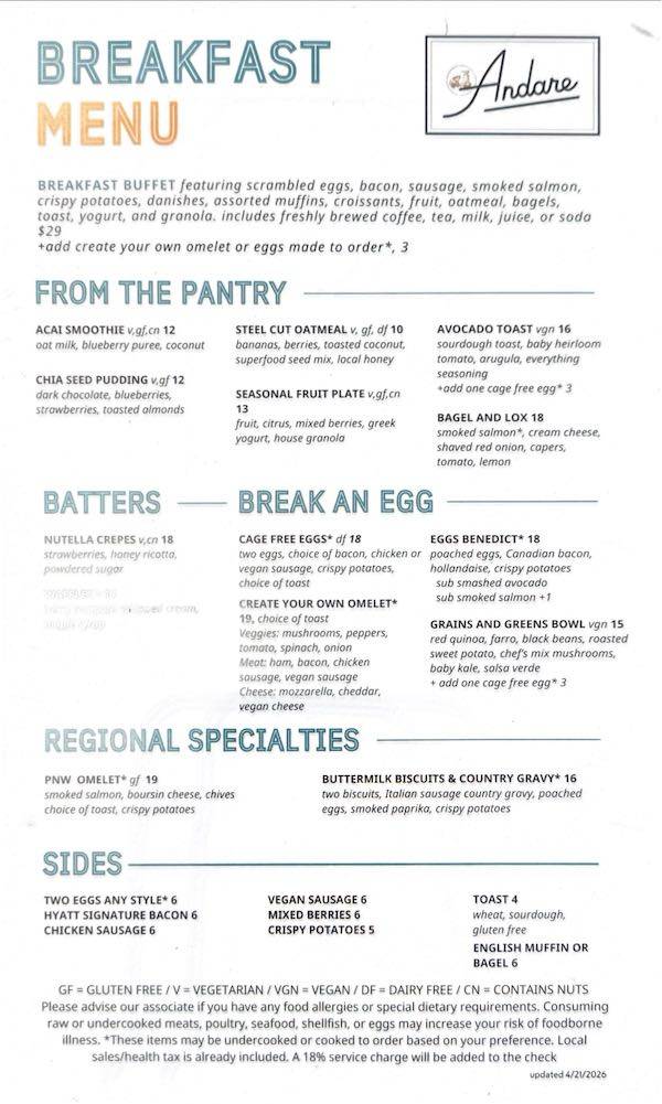 Andare Kitchen & Bar меню