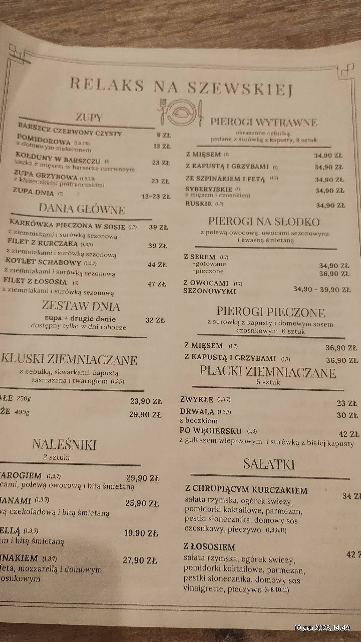 Cafe Relaks na Szewskiej меню