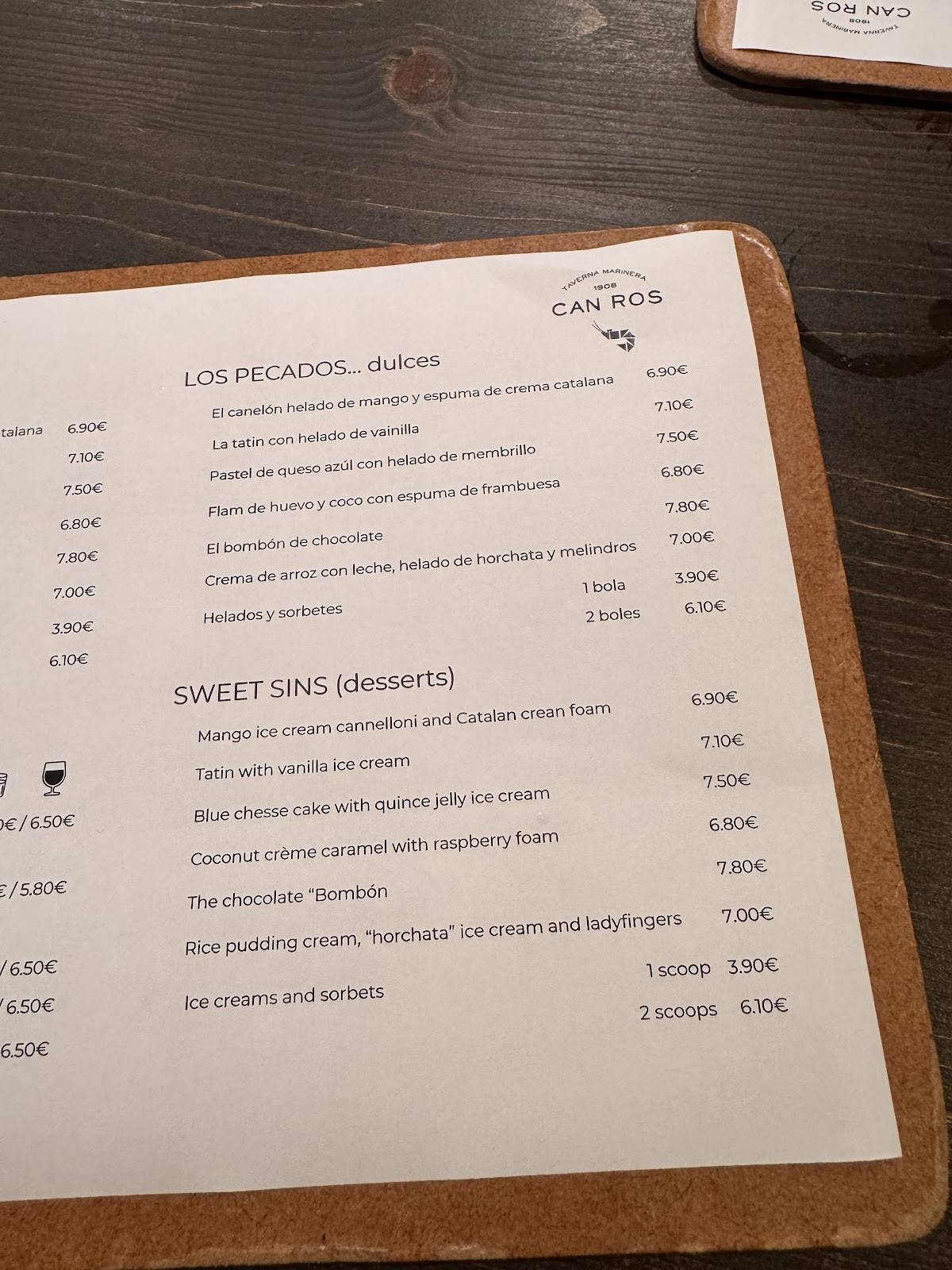 Restaurant Can Ros меню