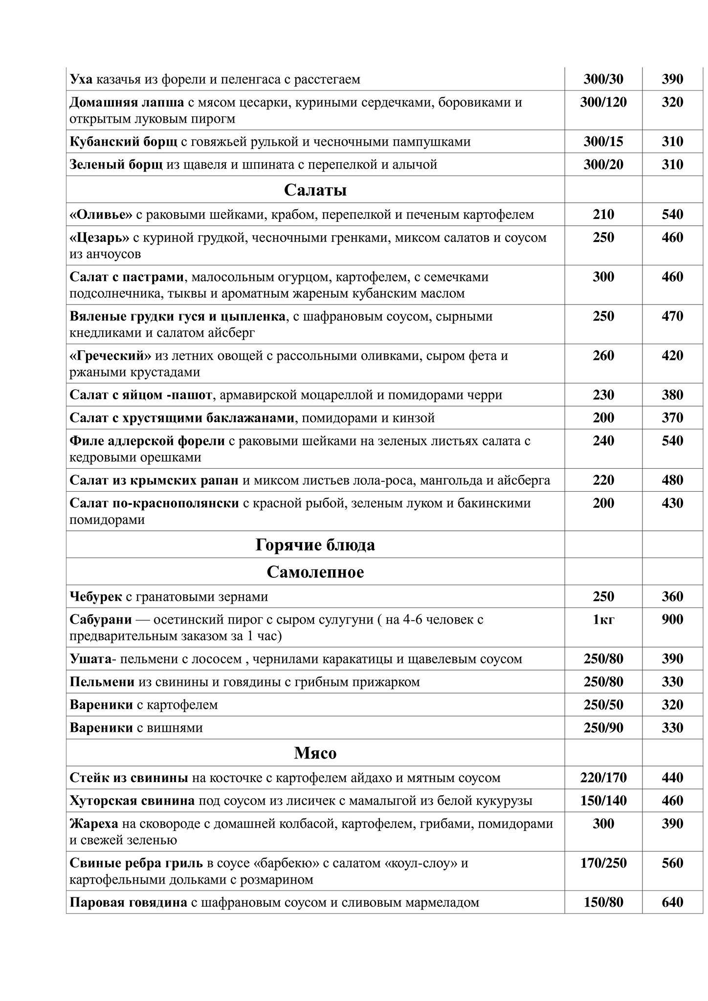 Екатеринодар меню