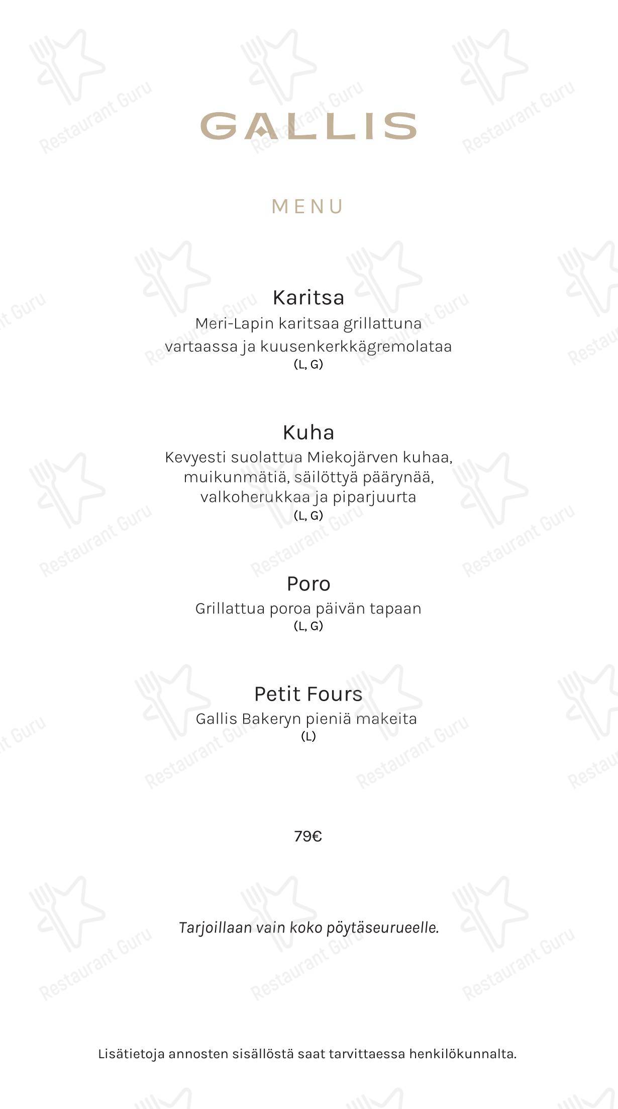 Основное меню ресторана Restaurant Gallis в Рованиеми