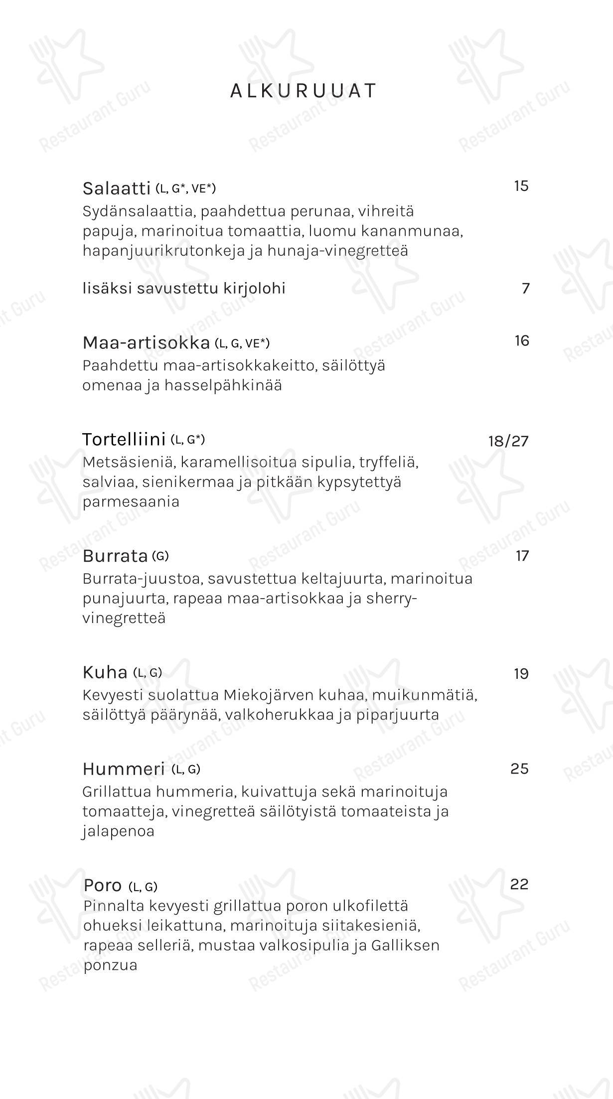 Основное меню ресторана Restaurant Gallis в Рованиеми