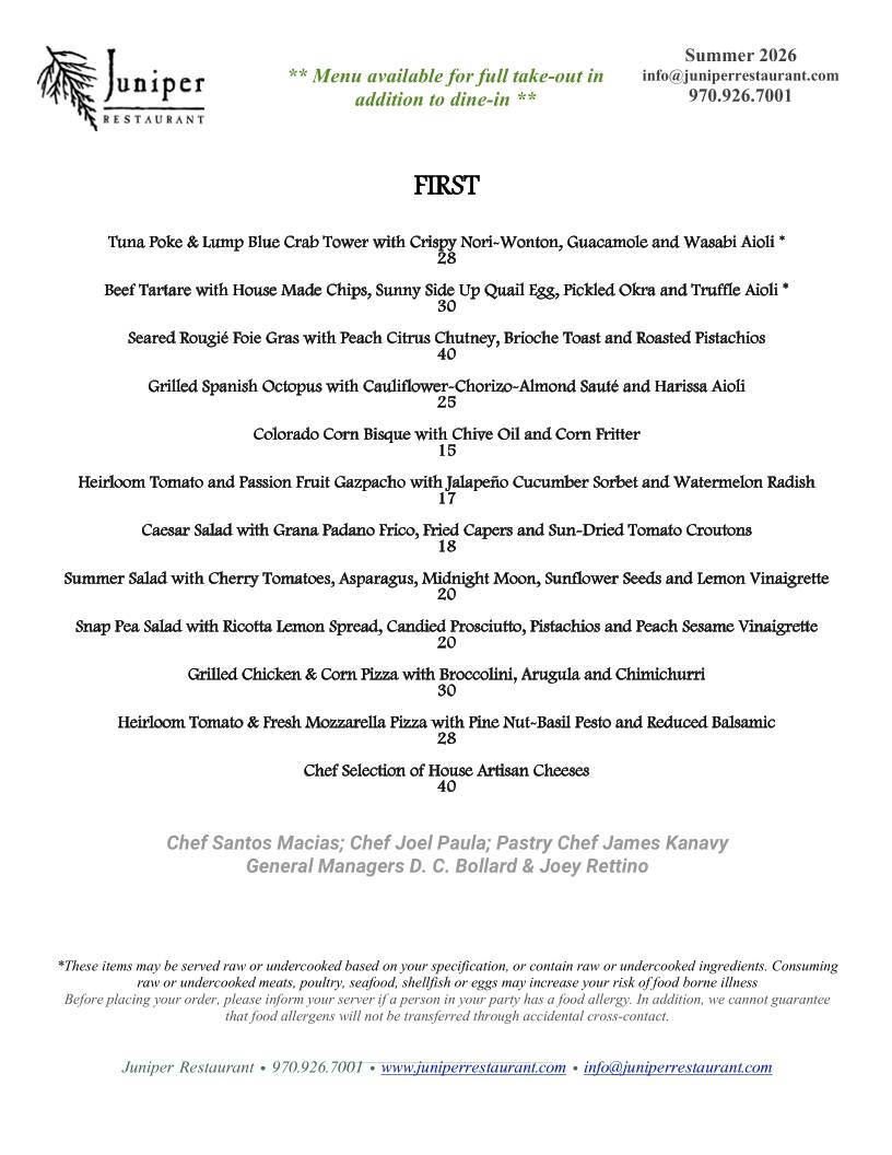 Juniper Restaurant Edwards CO меню
