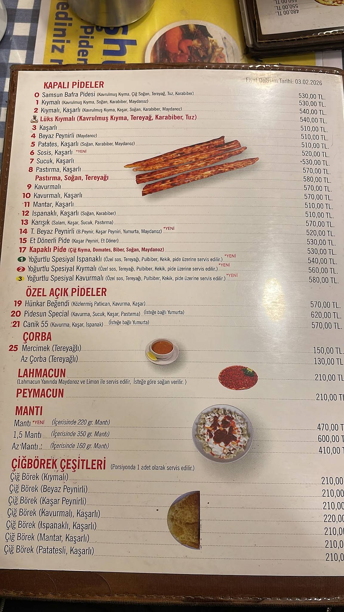 Pide Sun Moda Bafra Pidesi Döner Mantı Kahvaltı меню