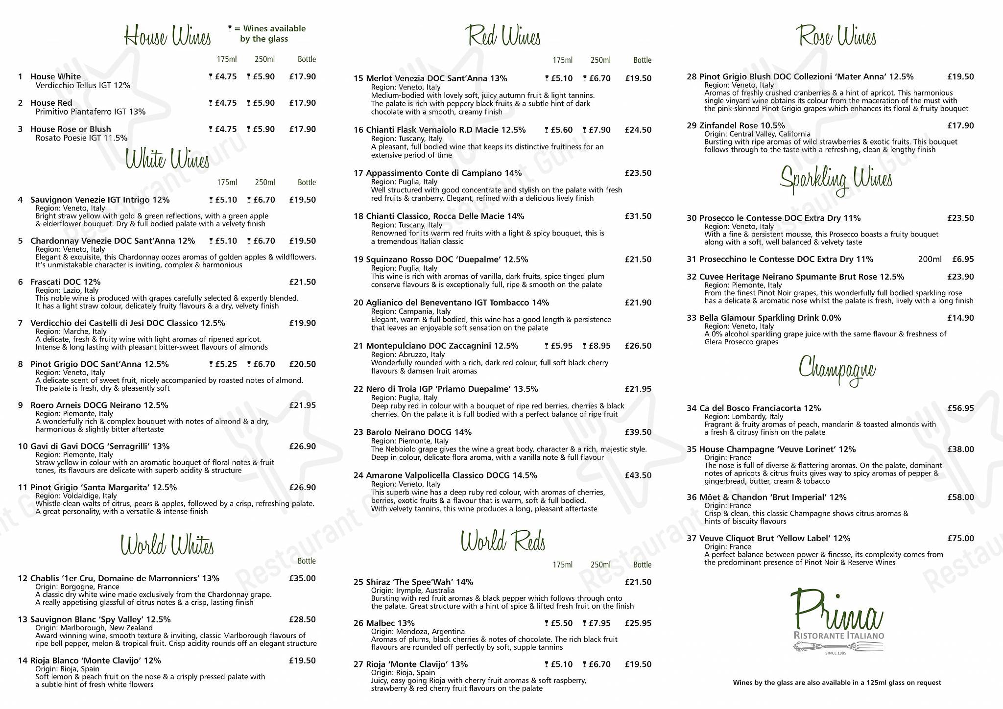 Pizza Menu ресторана Prima Pizzeria в Рипоне
