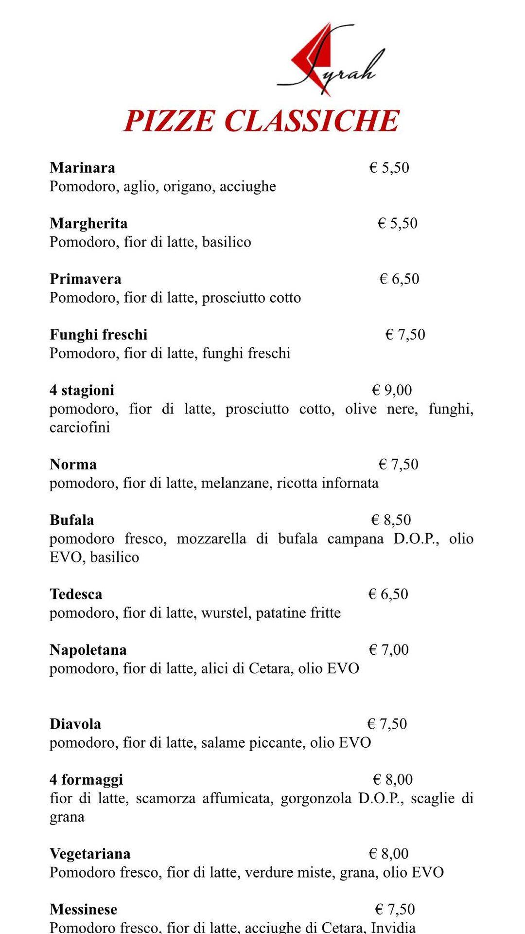 Syrah - Ristorante Pizzeria меню