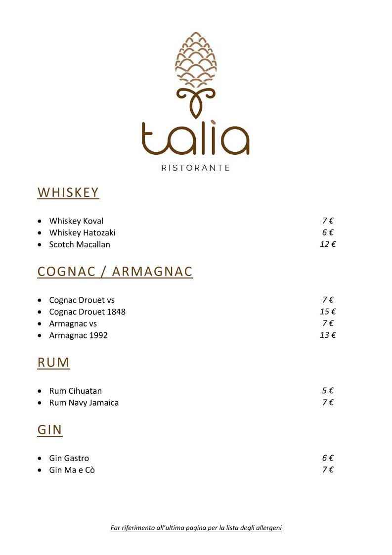 Talìa Ristorante меню