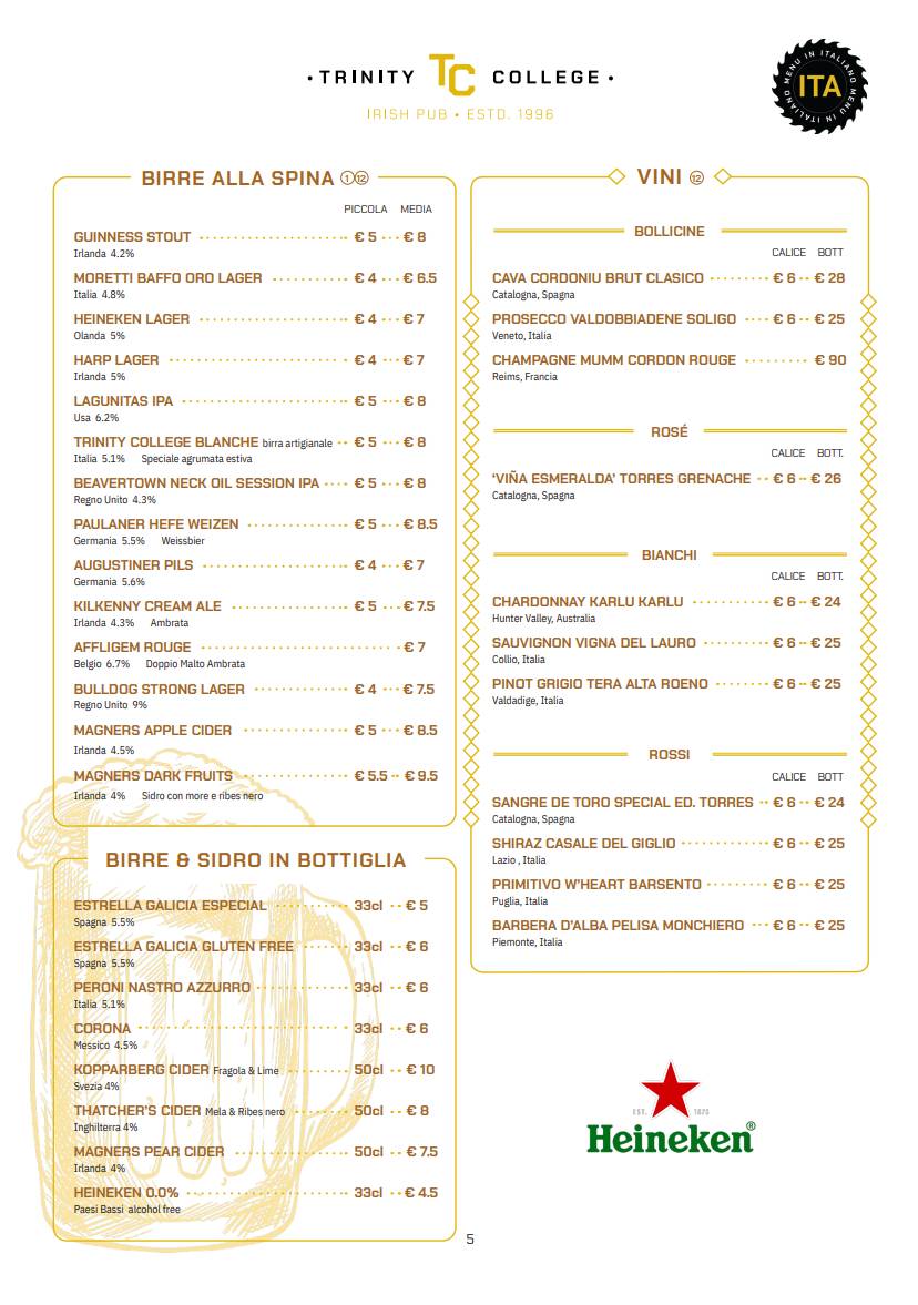 Trinity College Pub меню