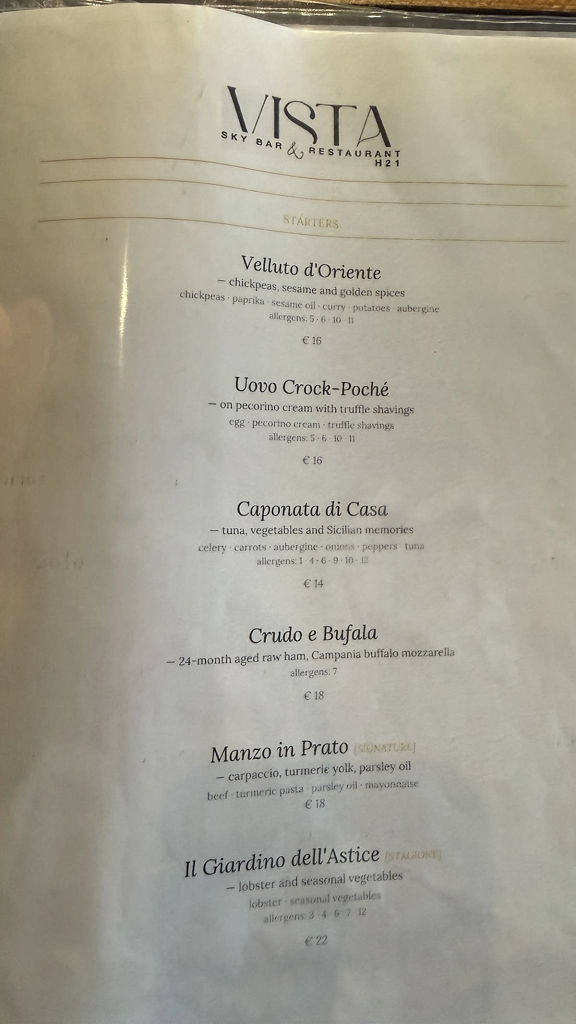 Vista Restaurant меню
